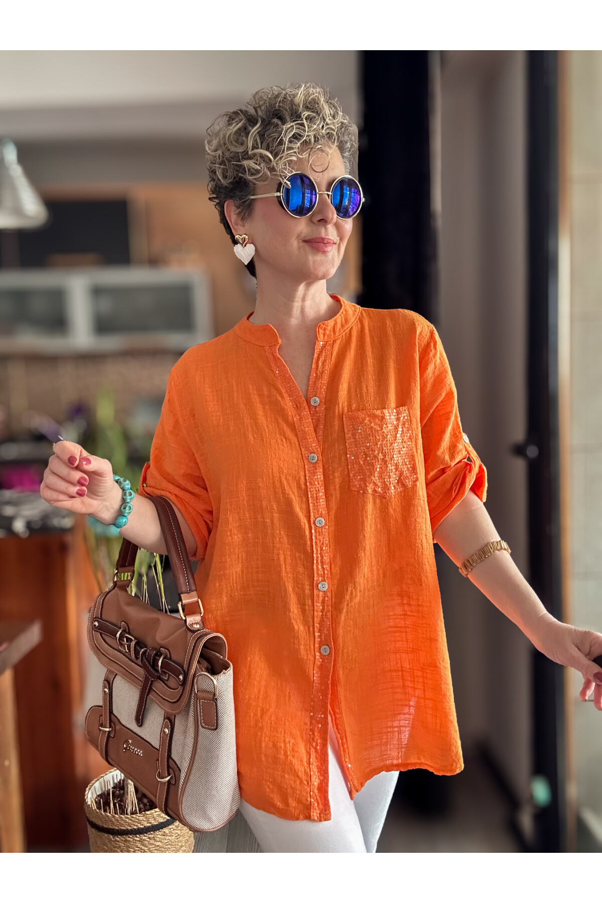 Venti Cep ve Şerit Pul Detay İtalyan Gömlek Orange