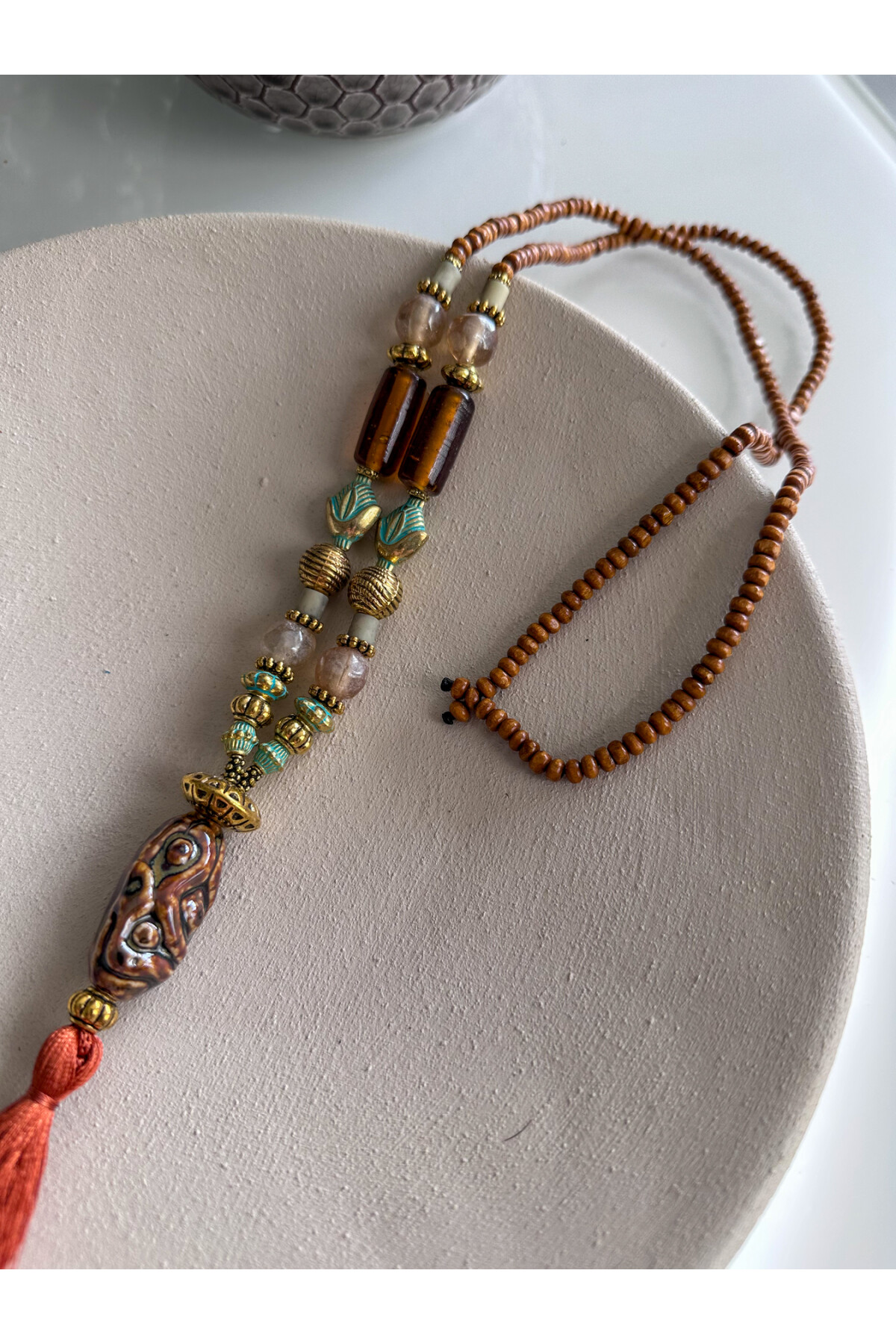 Virras Pirinç Cam Etnik Kolye