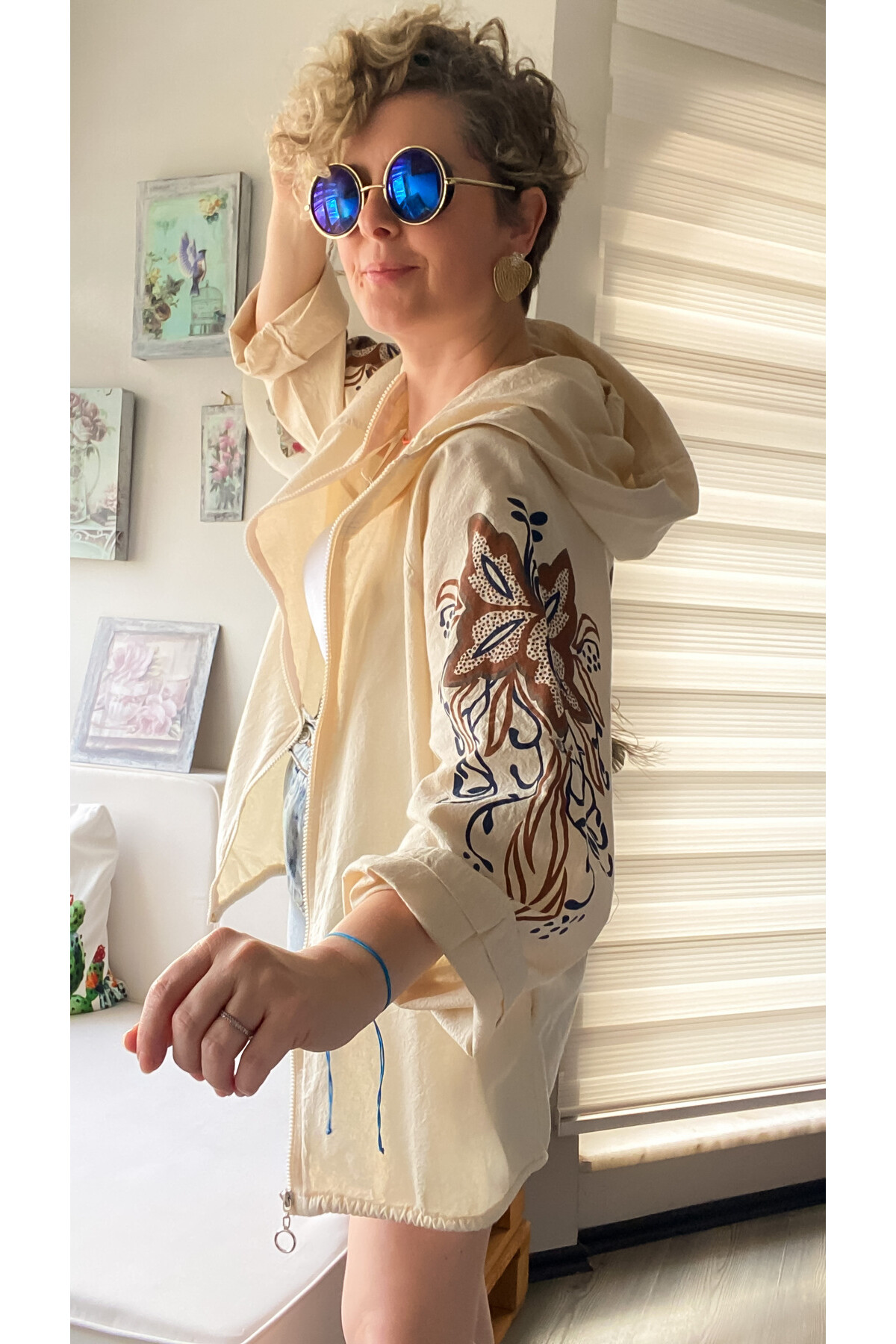 Voxi Sırt Ve Kol Baskı Detaylı  Kapşonlu Hırka Ceket