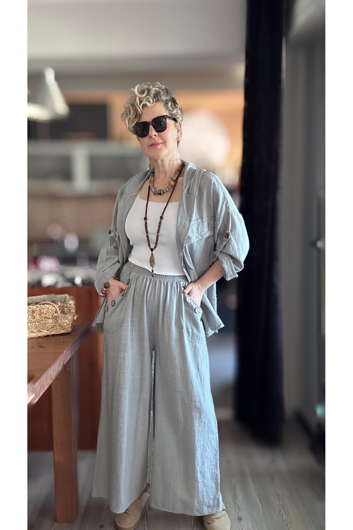 Zizzi Cep Düğme Detay Pantolon Açık Gri