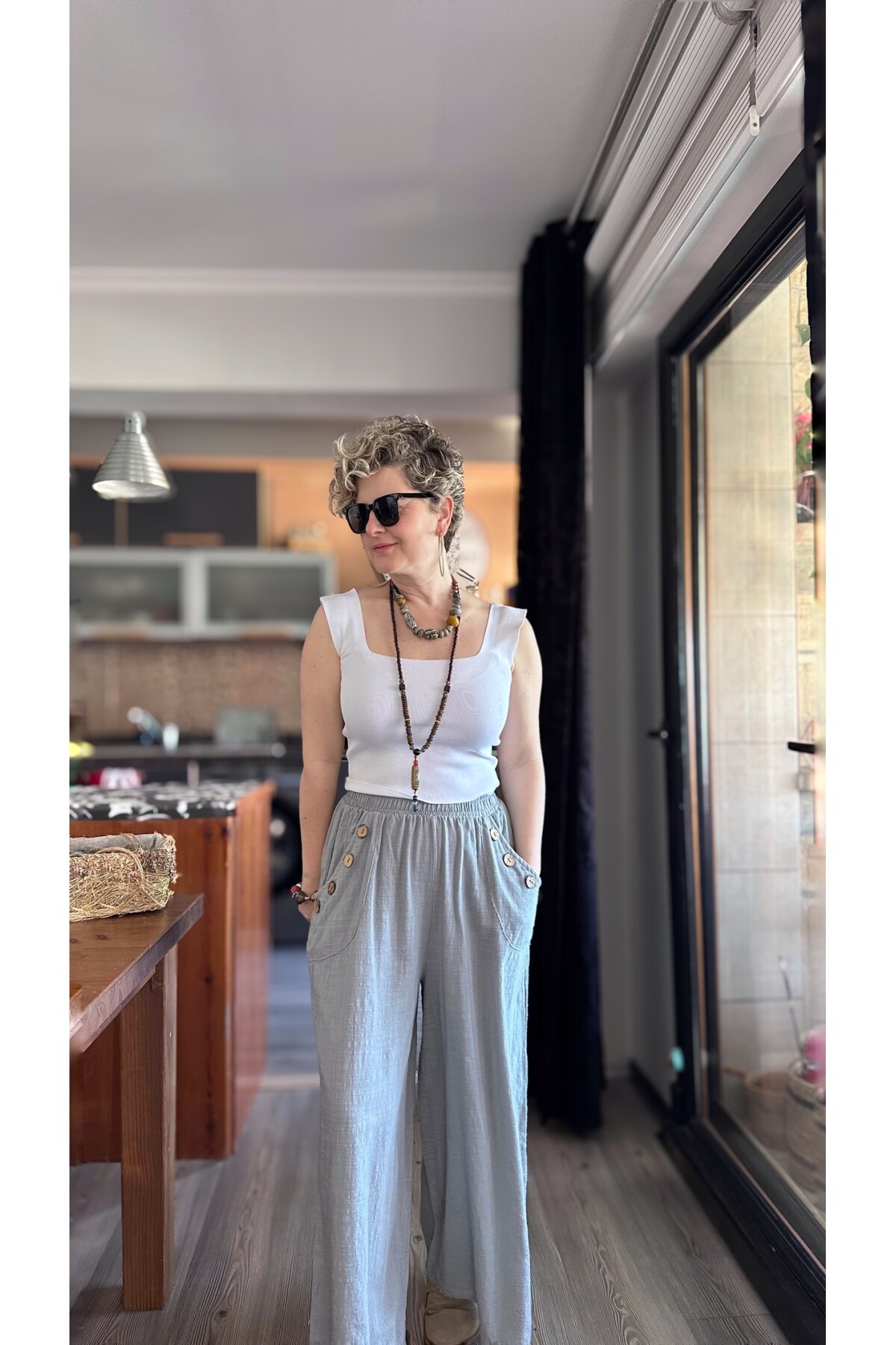 Zizzi Cep Düğme Detay Pantolon Açık Gri