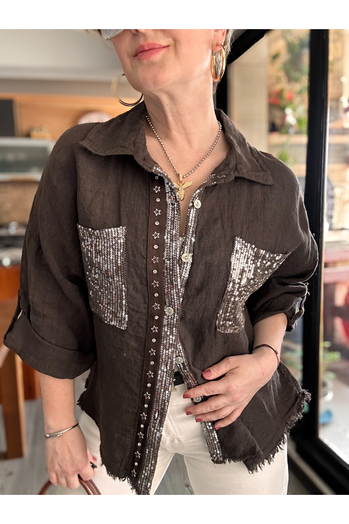 Afro  İtalyan Vip Pul Payet Detay Gömlek Ceket Kahve