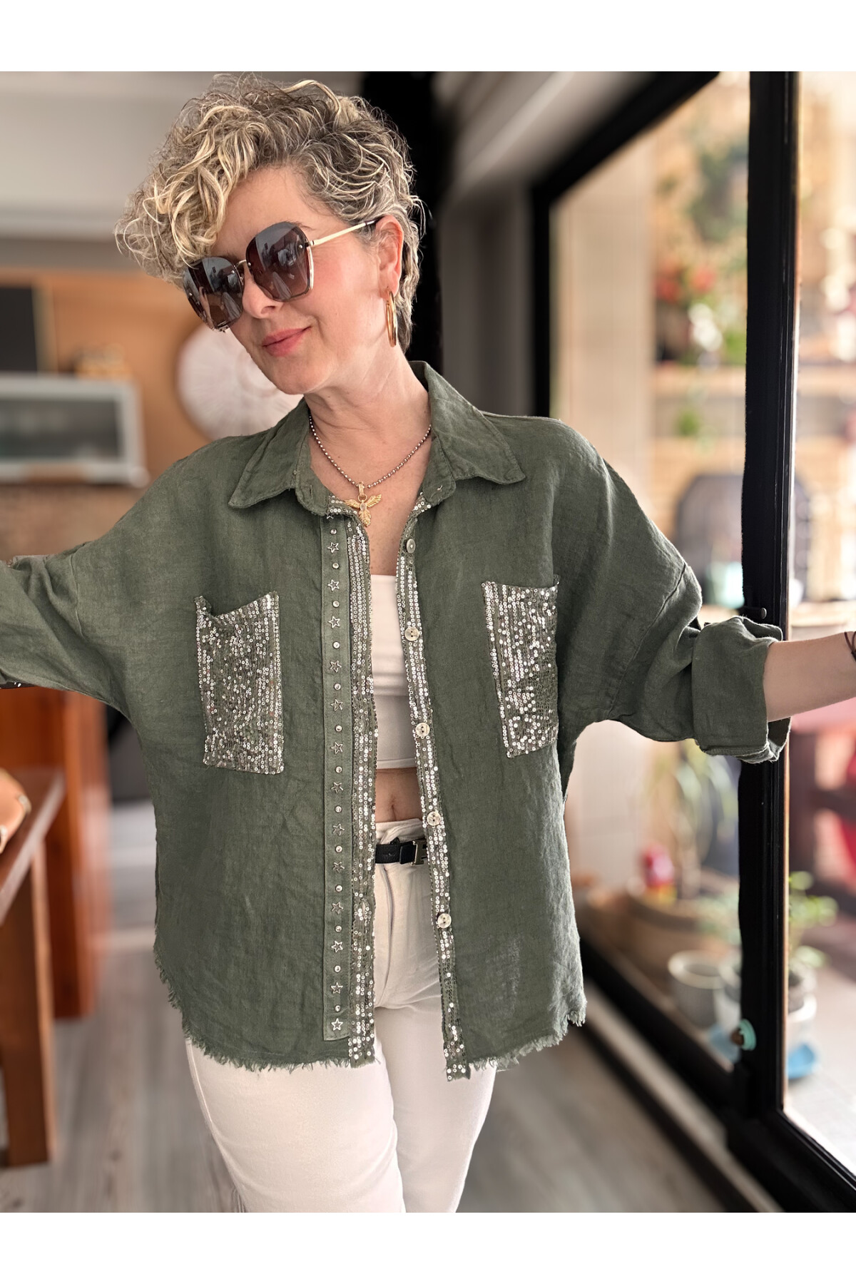 Afro  İtalyan Vip Pul Payet Detay Gömlek Ceket Haki