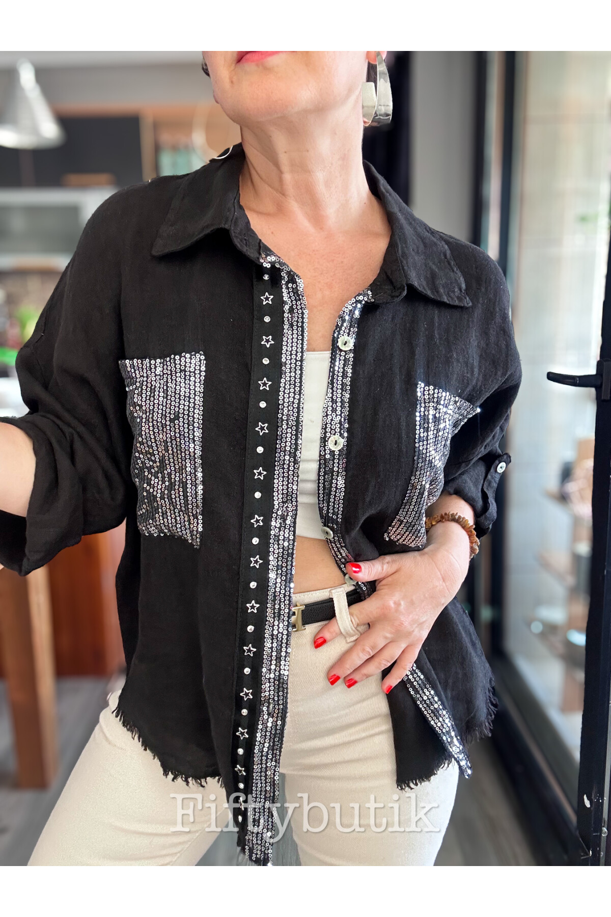 Afro  İtalyan Vip Pul Payet Detay Gömlek Ceket Siyah