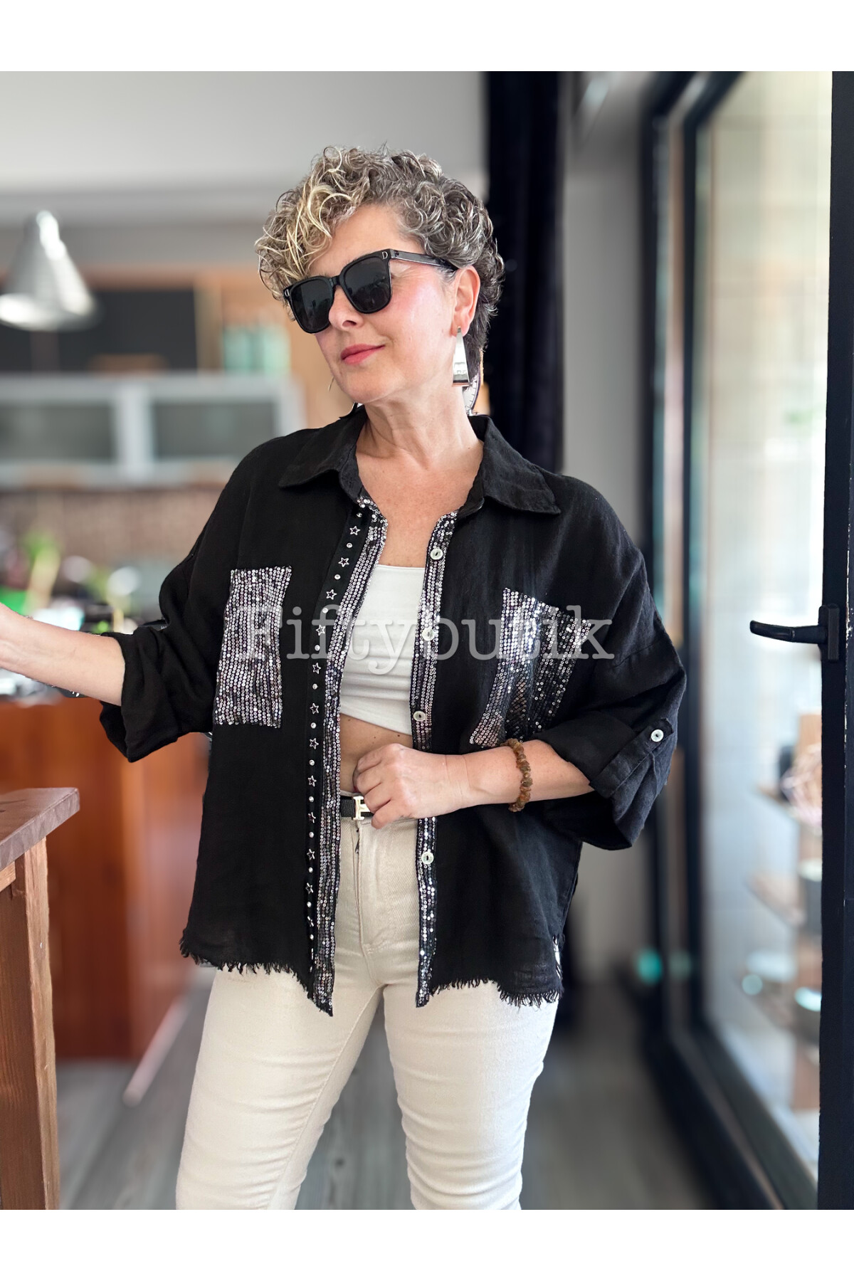 Afro  İtalyan Vip Pul Payet Detay Gömlek Ceket Siyah