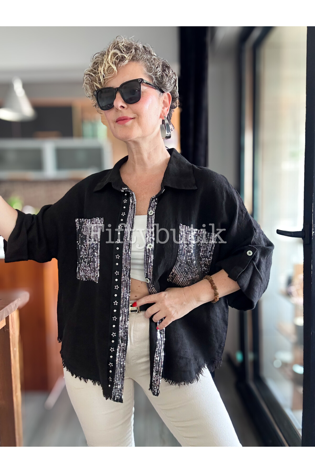 Afro  İtalyan Vip Pul Payet Detay Gömlek Ceket Siyah