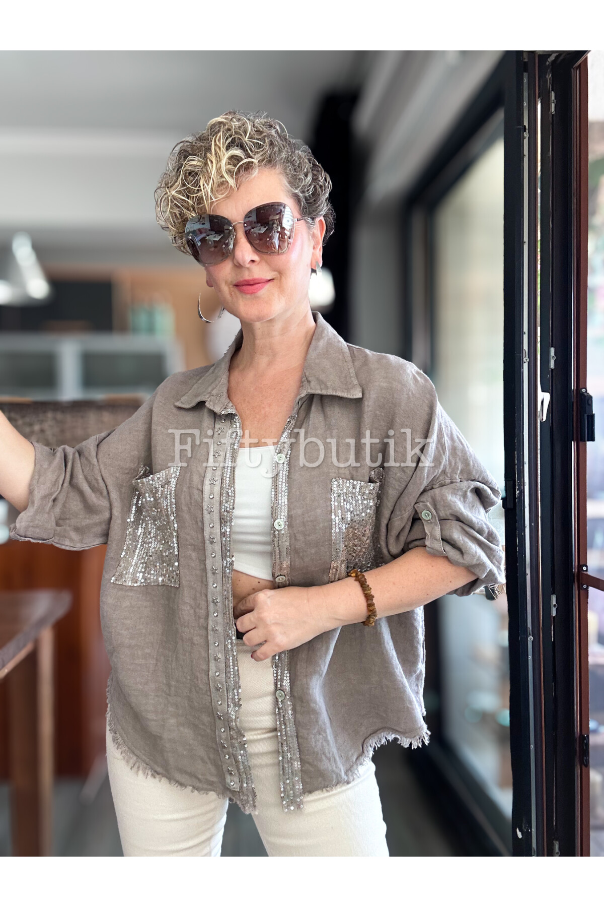 Afro  İtalyan Vip Pul Payet Detay Gömlek Ceket Vizon