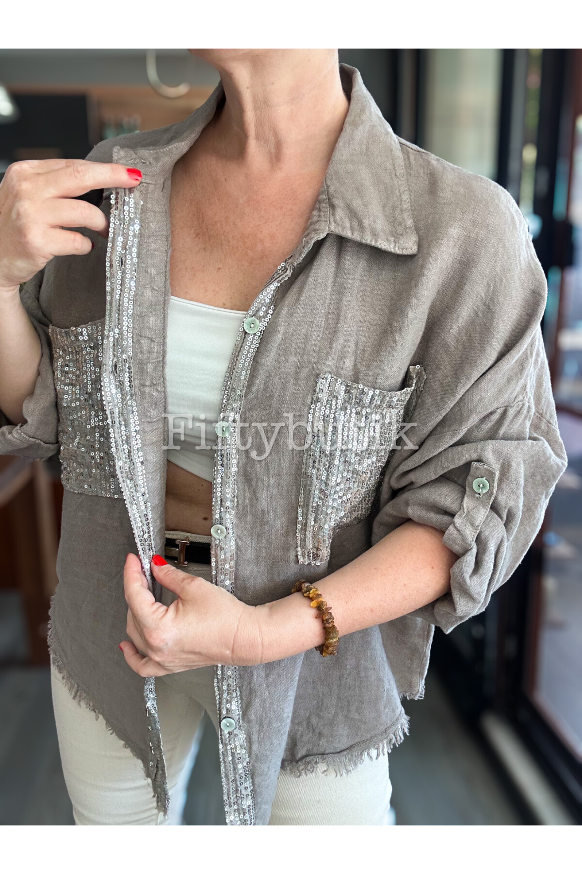 Afro  İtalyan Vip Pul Payet Detay Gömlek Ceket Vizon