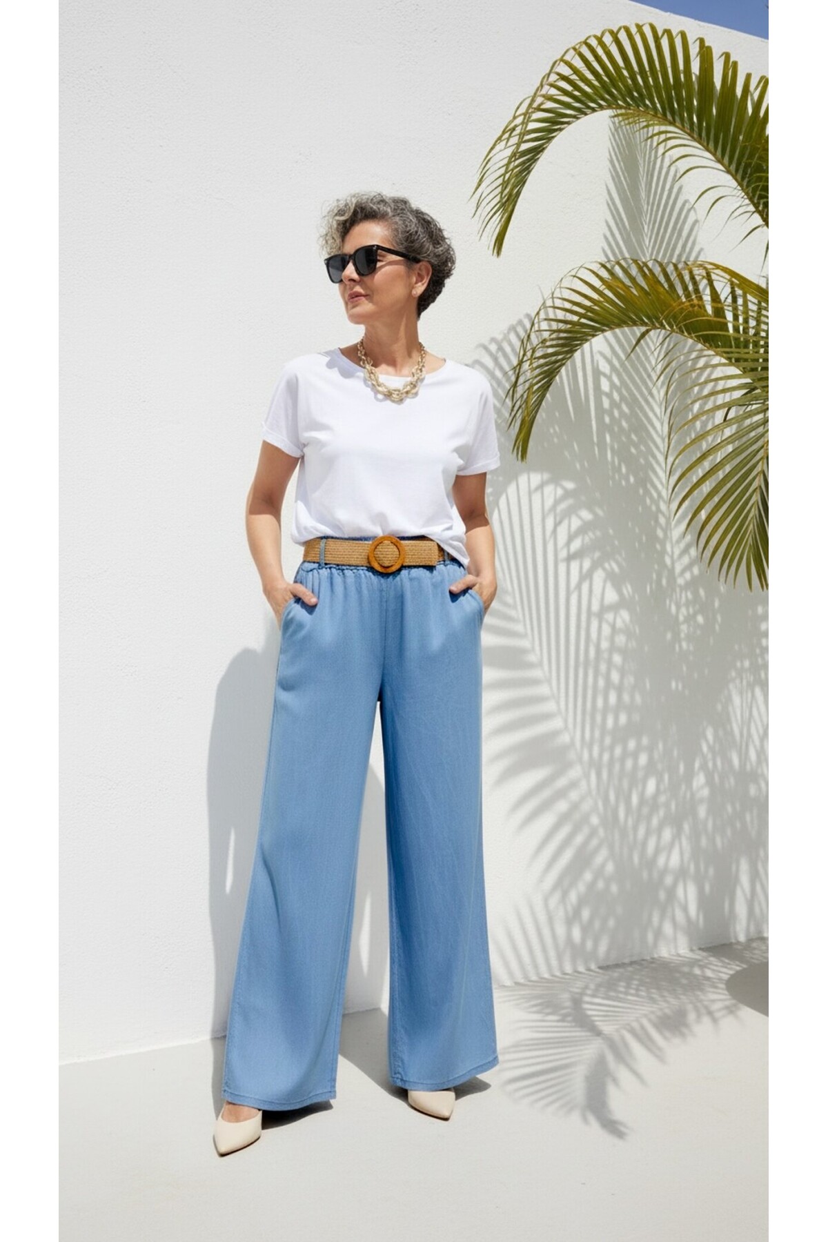 Amalfi Hasır Kemer Detay Palazzo  İndigo Tencel Pantolon