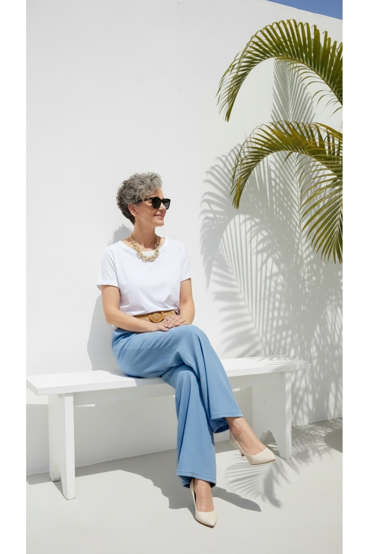 Amalfi Hasır Kemer Detay Palazzo  İndigo Tencel Pantolon