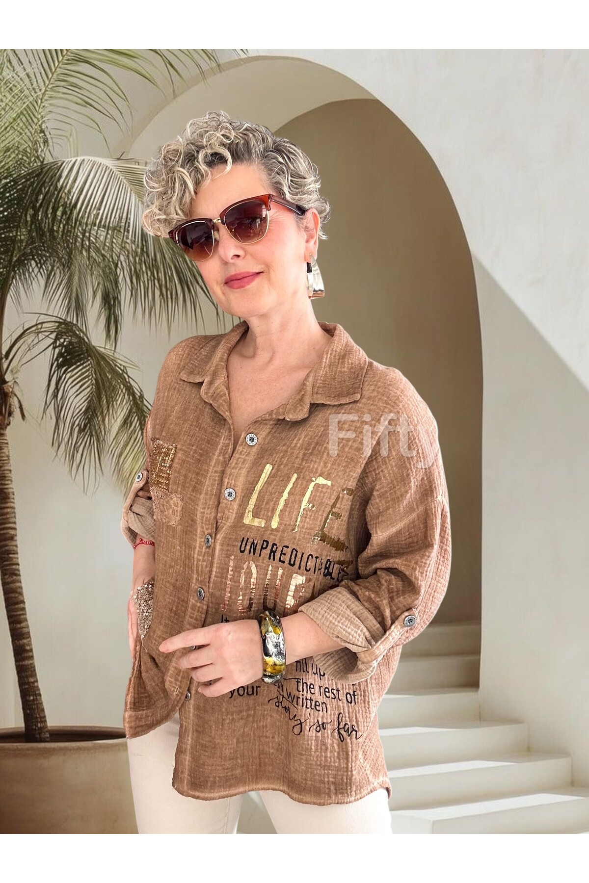 Anci İtalyan Pul Detaylı Gömlek Camel