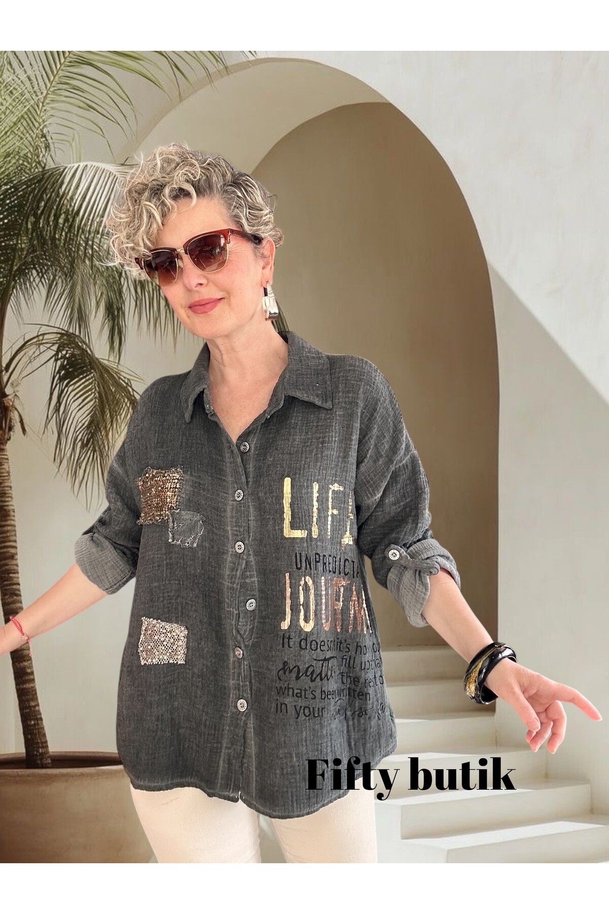 Anci İtalyan Pul Detaylı Gömlek Füme