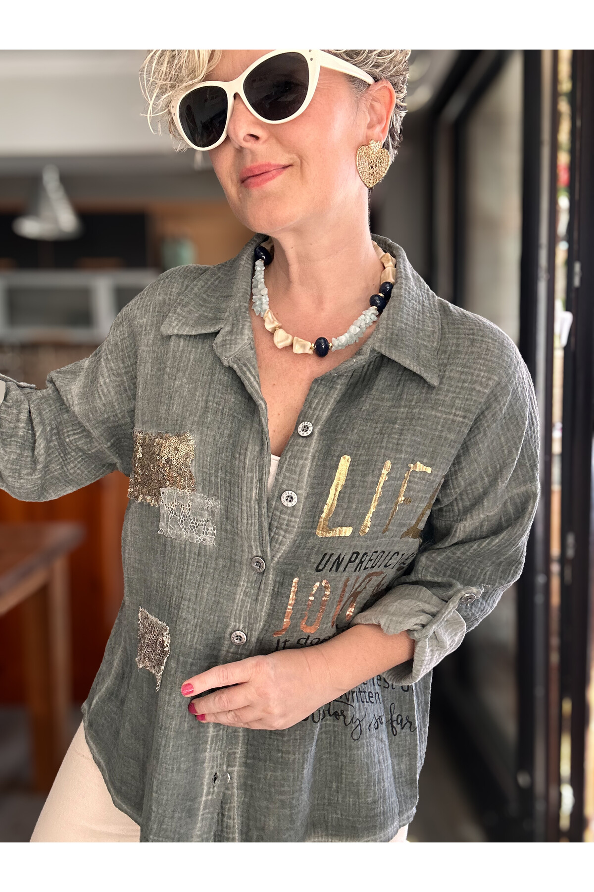 Anci İtalyan Pul Detaylı Gömlek Haki Yeşil