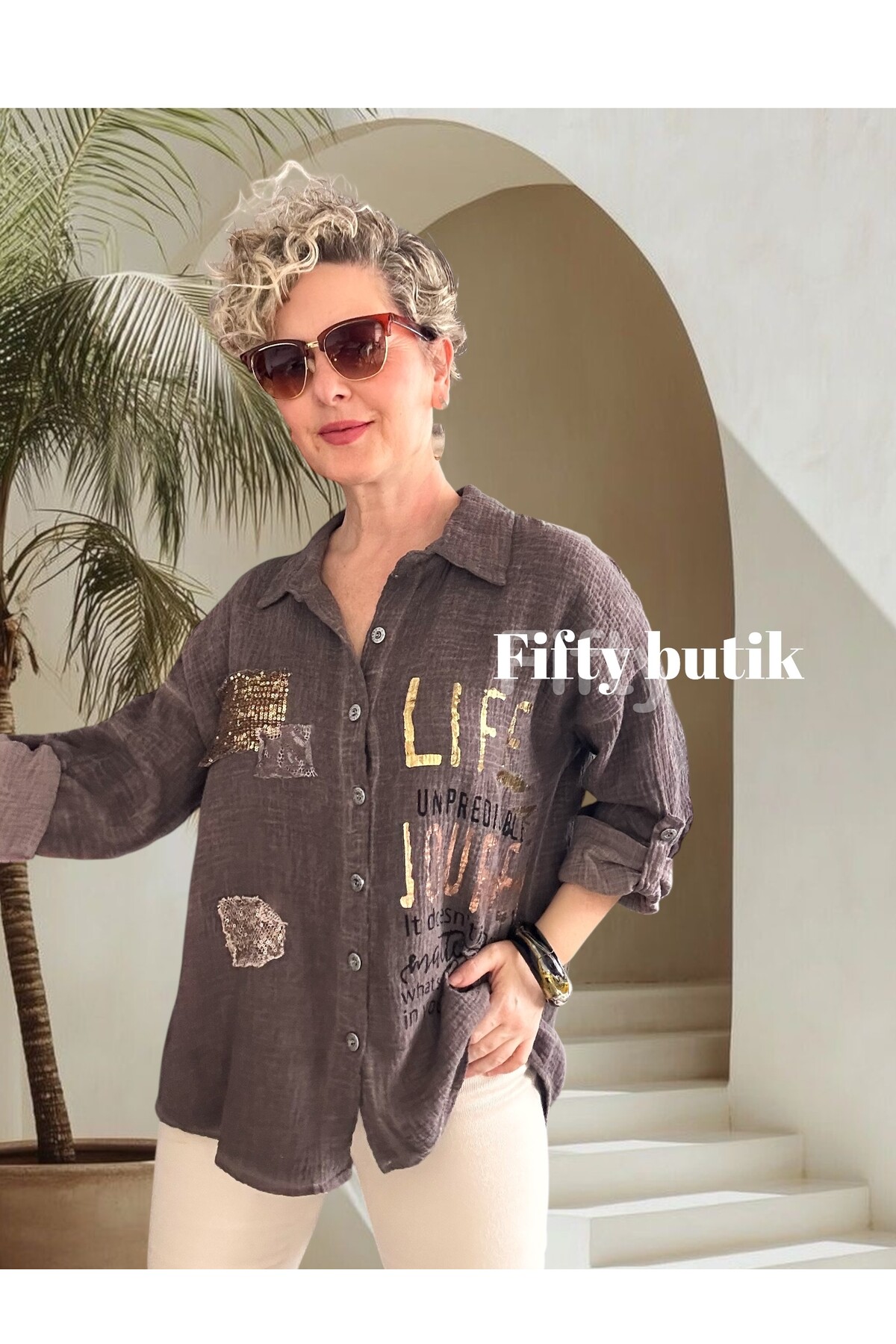 Anci İtalyan Pul Detaylı Gömlek Kahverengi