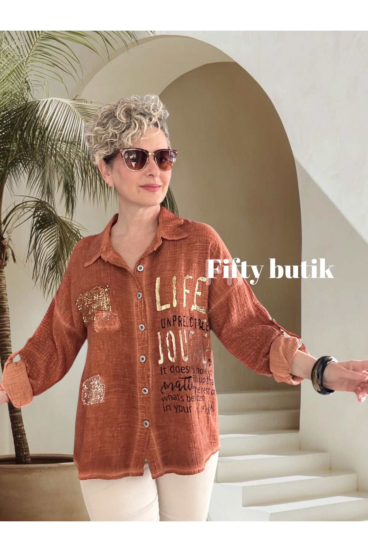 Anci İtalyan Pul Detaylı Gömlek Kiremit
