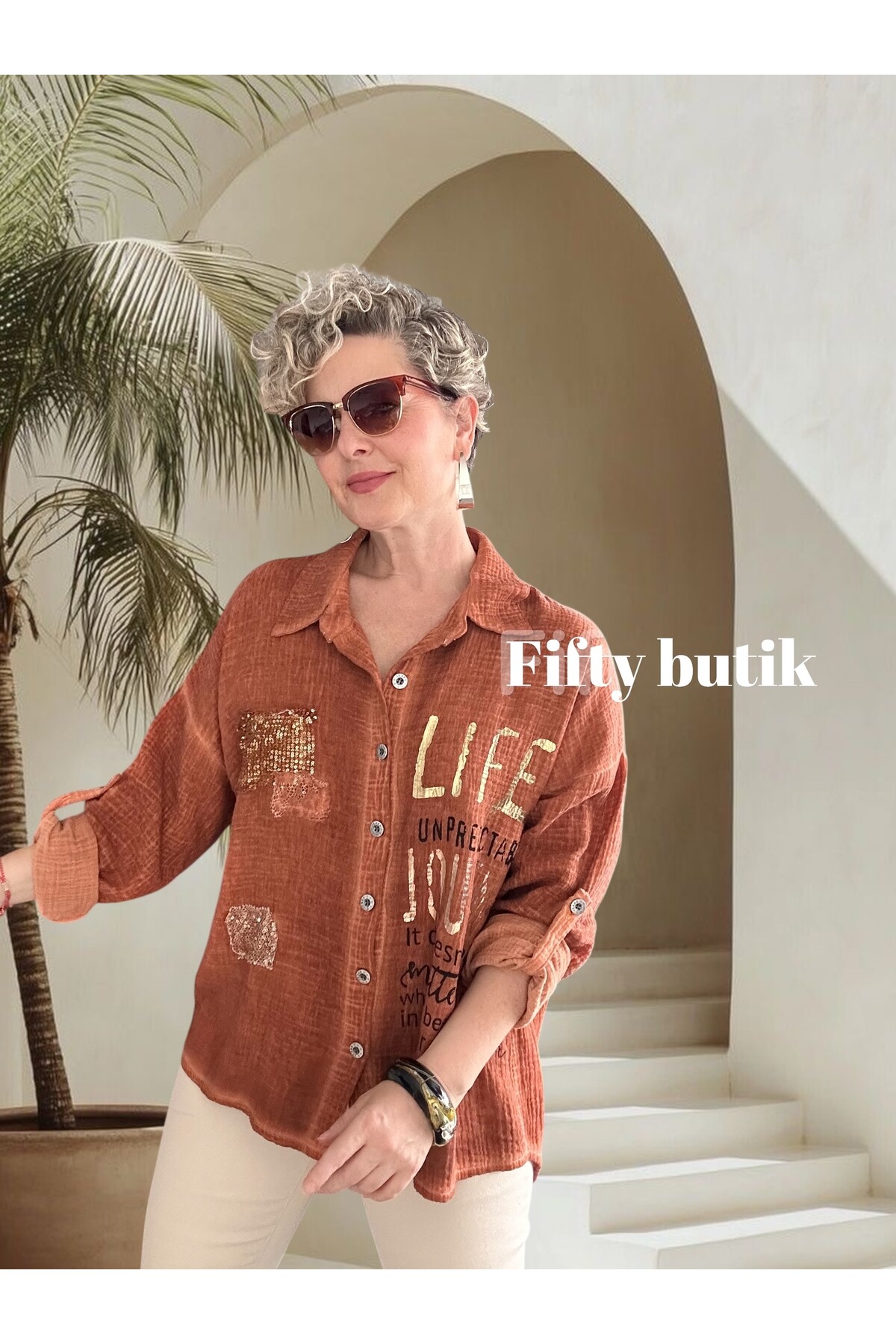 Anci İtalyan Pul Detaylı Gömlek Kiremit