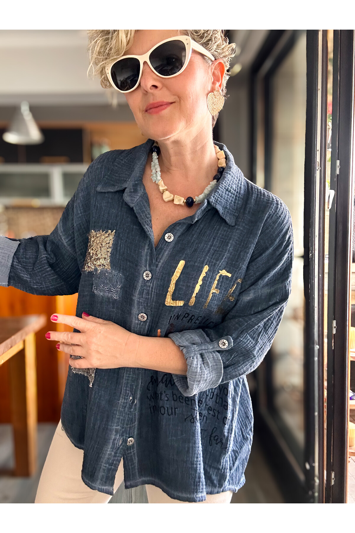 Anci İtalyan Pul Detaylı Gömlek Lacivert