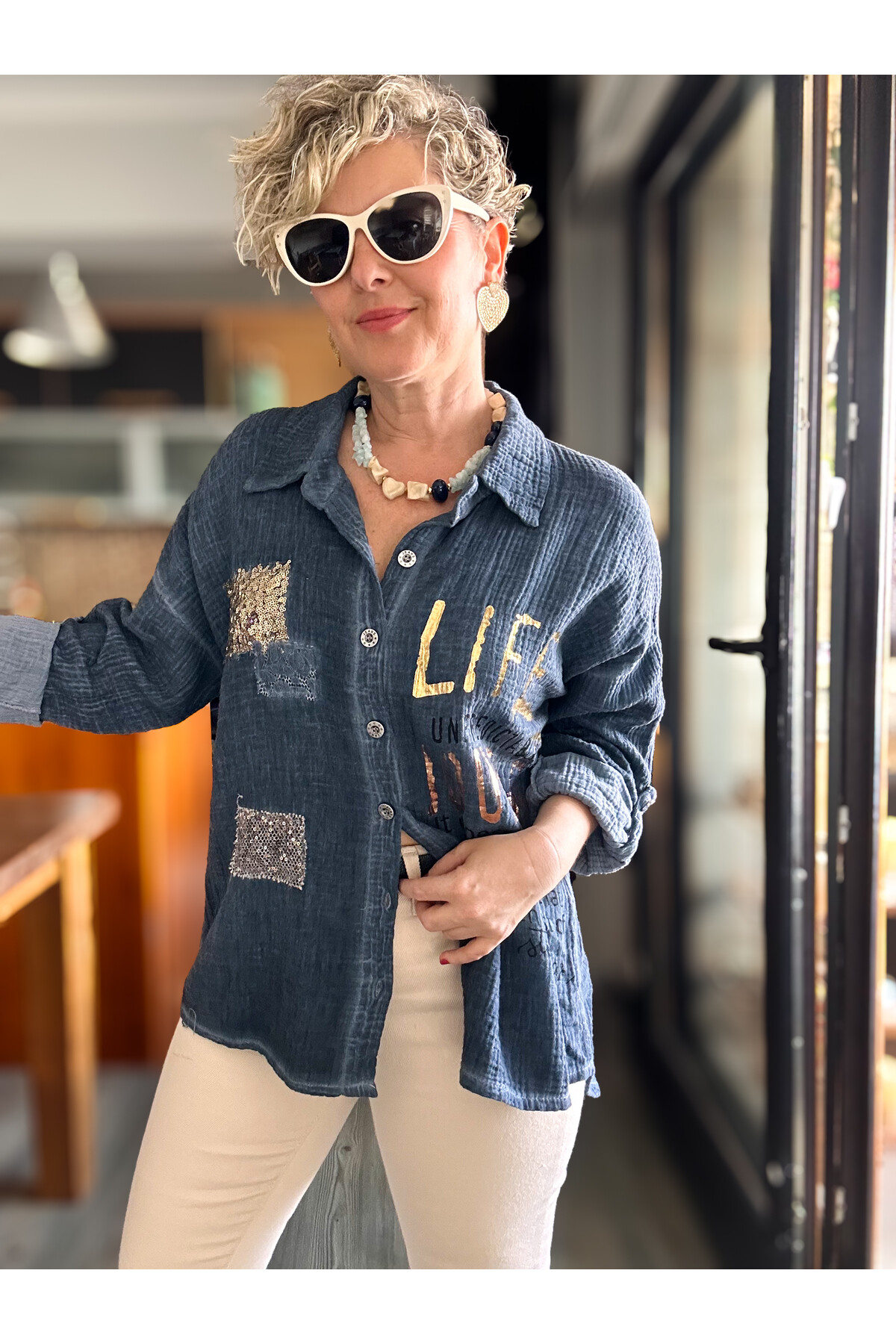 Anci İtalyan Pul Detaylı Gömlek Lacivert