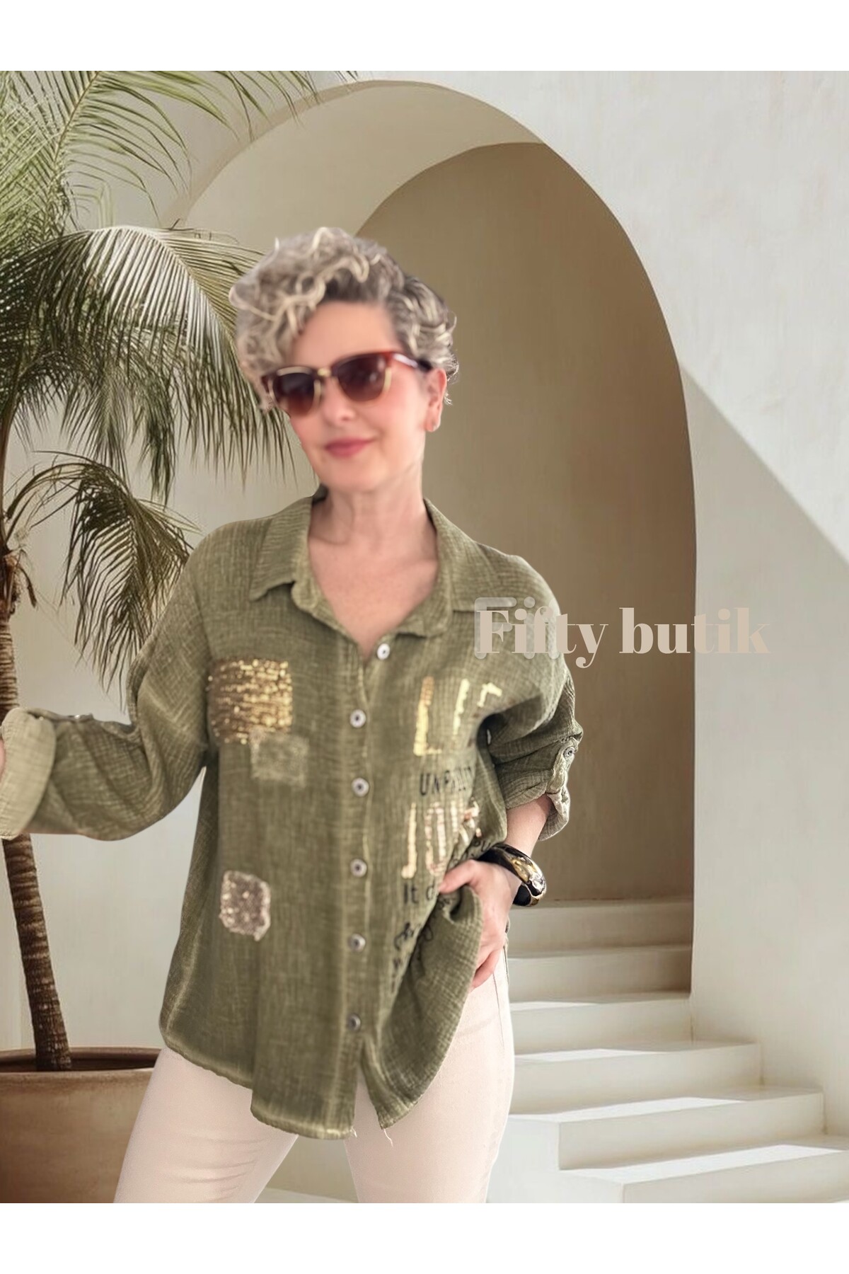 Anci İtalyan Pul Detaylı Gömlek YağYeşil