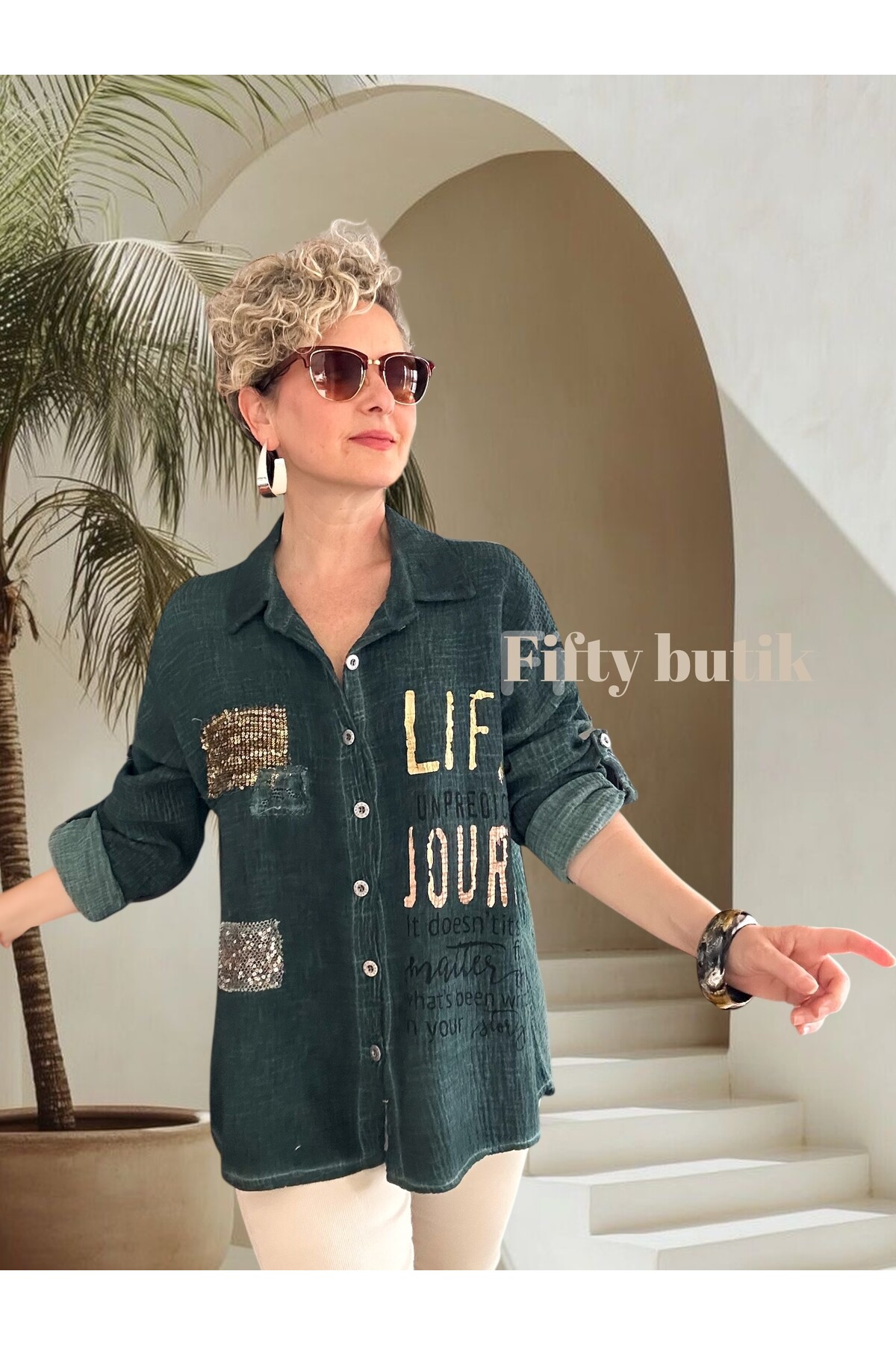 Anci İtalyan Pul Detaylı Gömlek Zümrüt