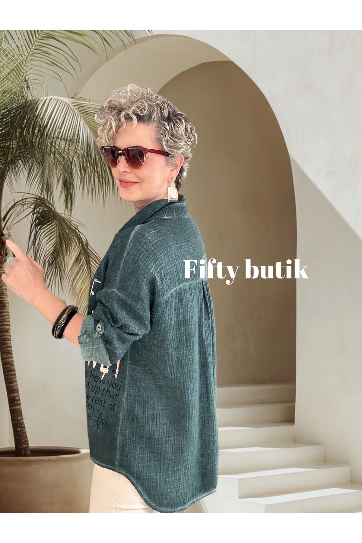 Anci İtalyan Pul Detaylı Gömlek Zümrüt