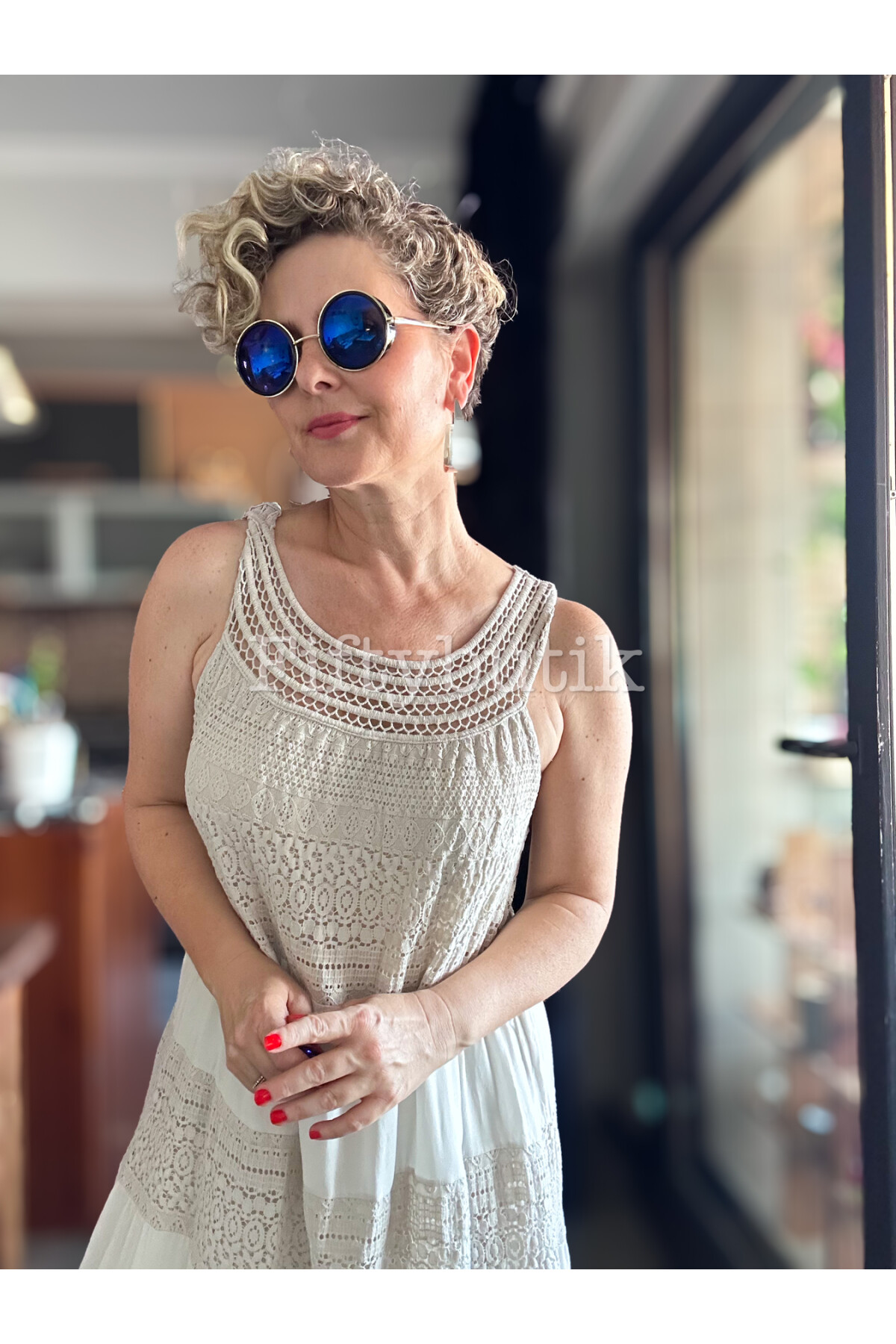 Azur İtalyan Dantel Detay Elbise Beige