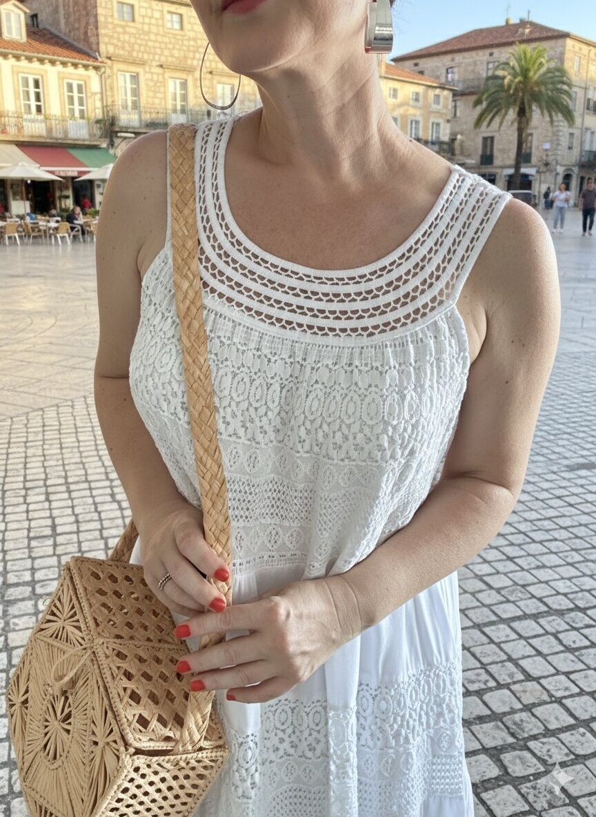 Azur İtalyan Dantel Detay Elbise Beyaz