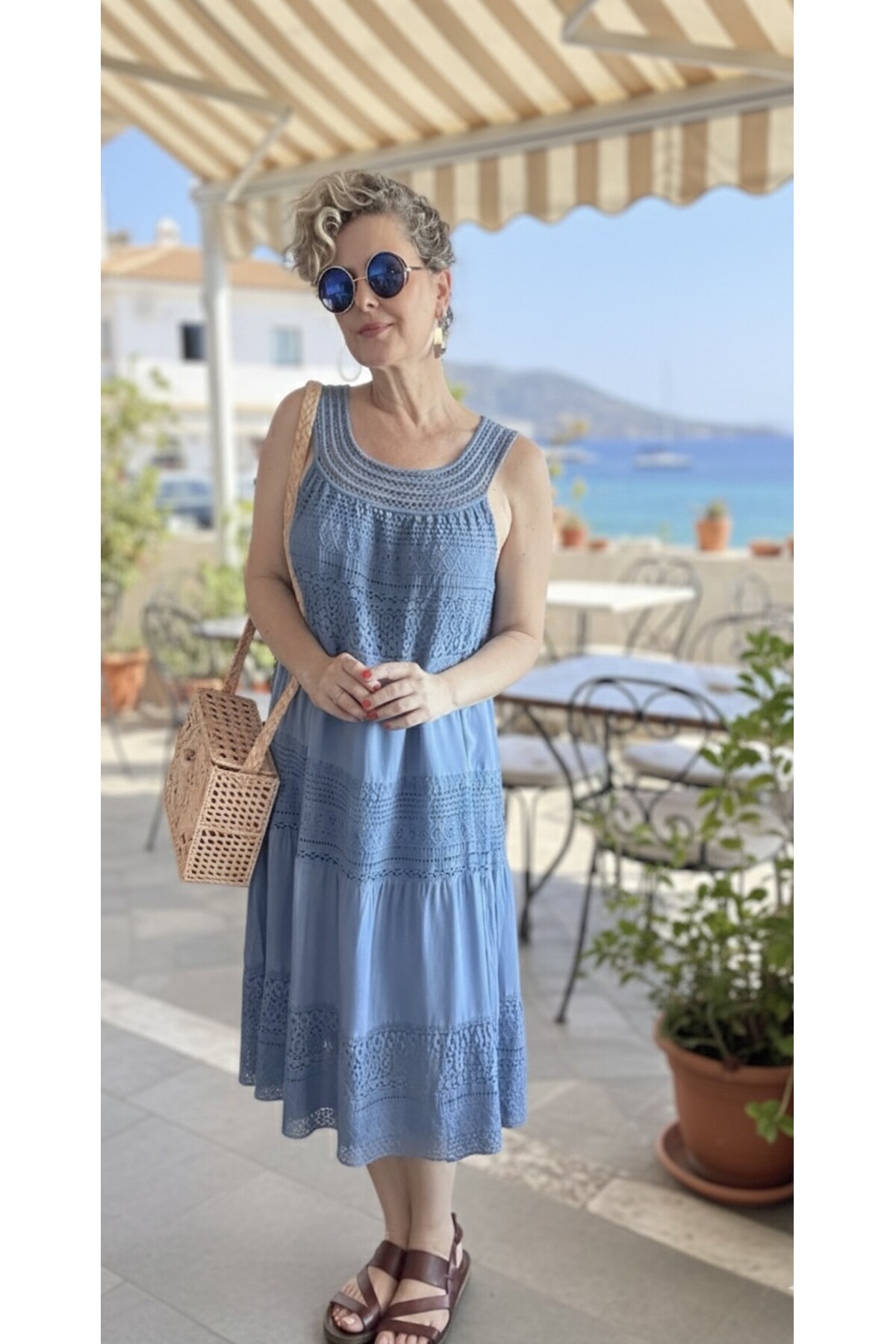 Azur İtalyan Dantel Detay Elbise İndigo Mavi