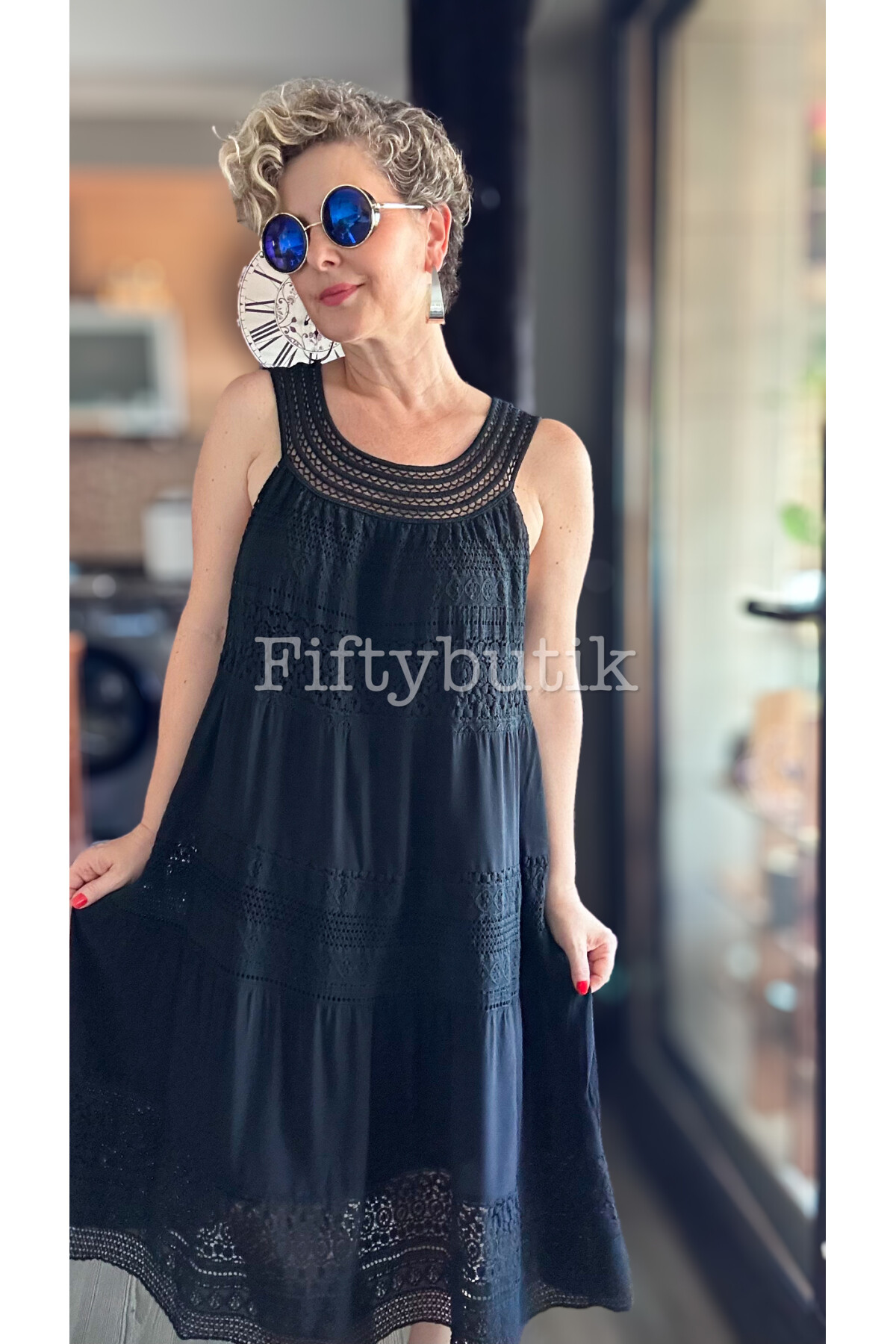 Azur İtalyan Dantel Detay Elbise Siyah