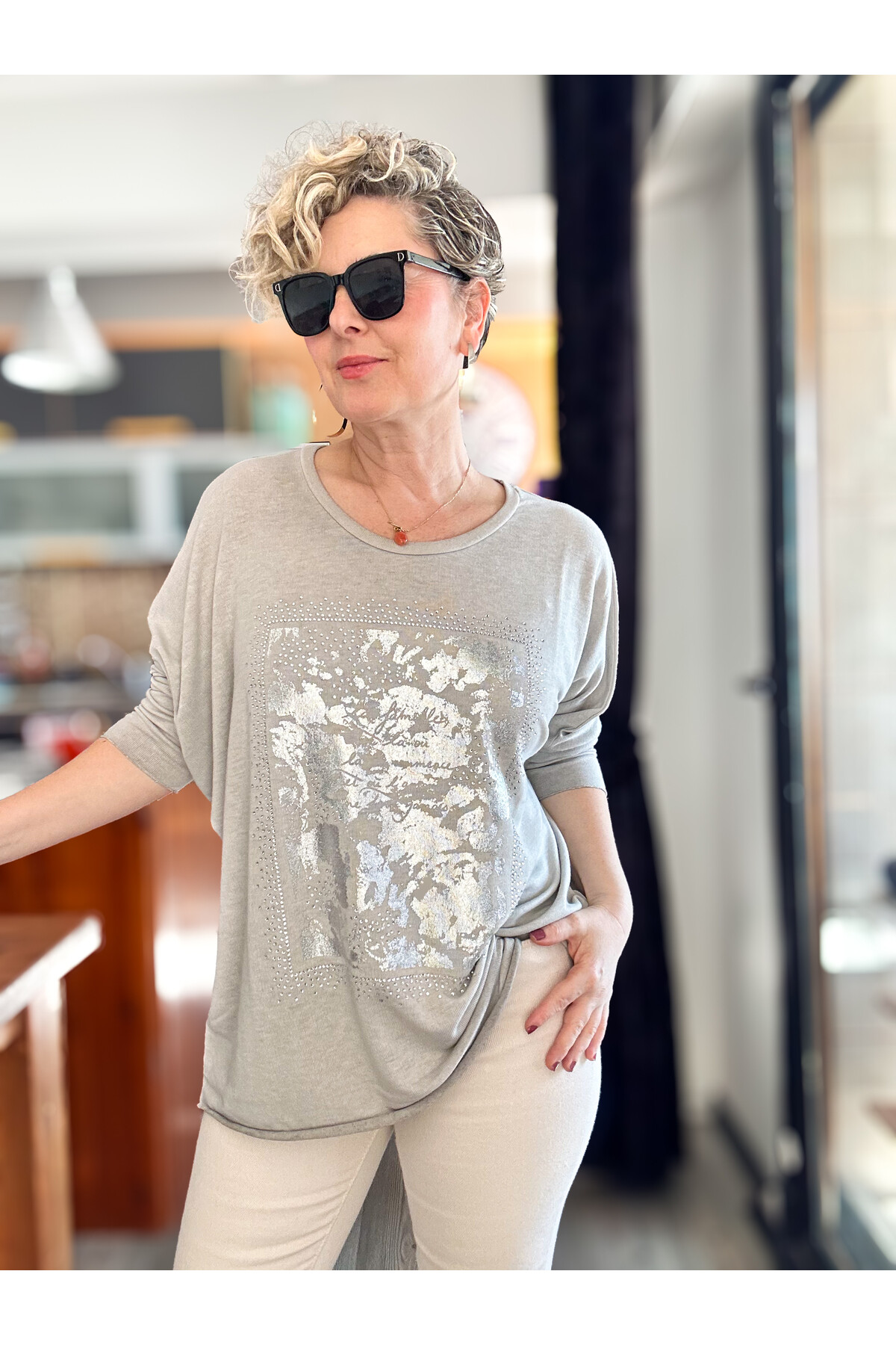 Bellamo İtalyan Kamuflaj Taşlı Triko Tunik Bej