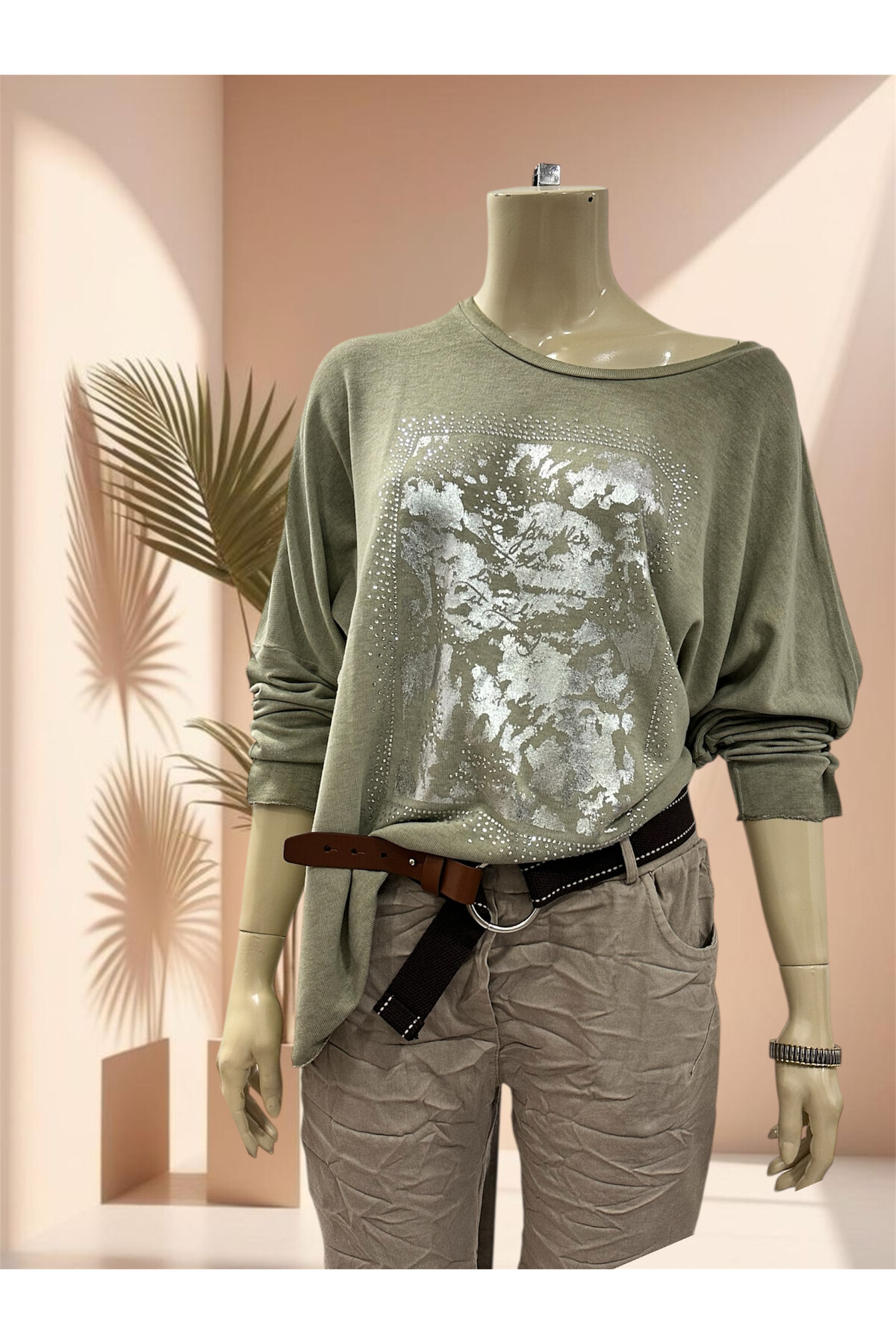 Bellamo İtalyan Kamuflaj Taşlı Triko Tunik Haki