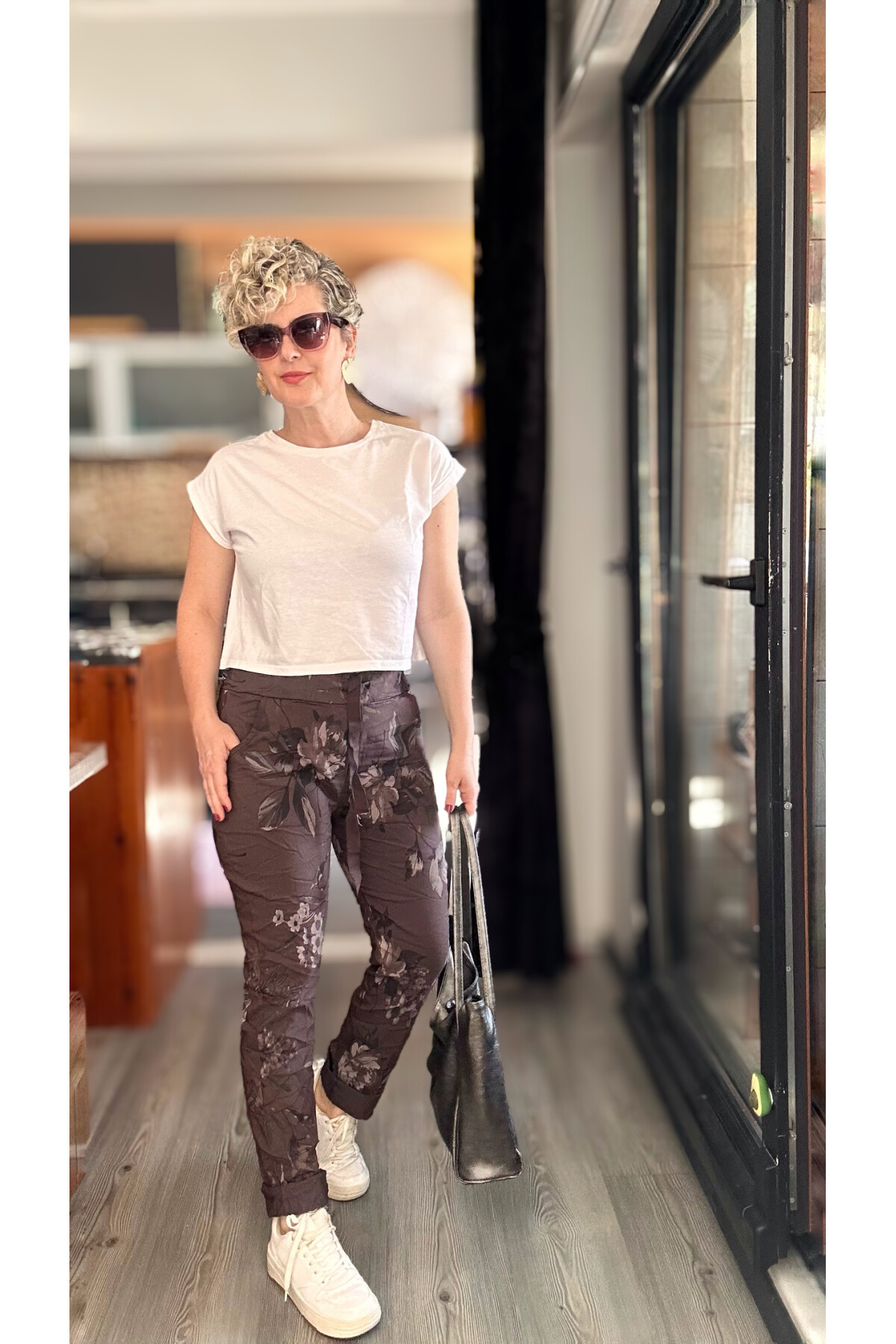 Benji İtalyan Çiçek Desen Sihirli Pantolon Kahverengi