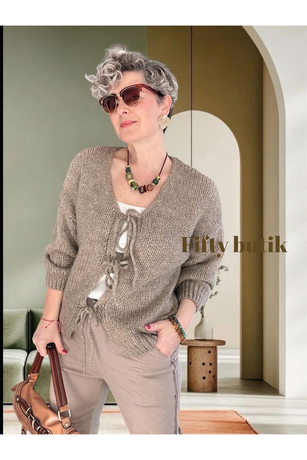 Blum Tasarım Bağcıklı Yün Hırka Vizon