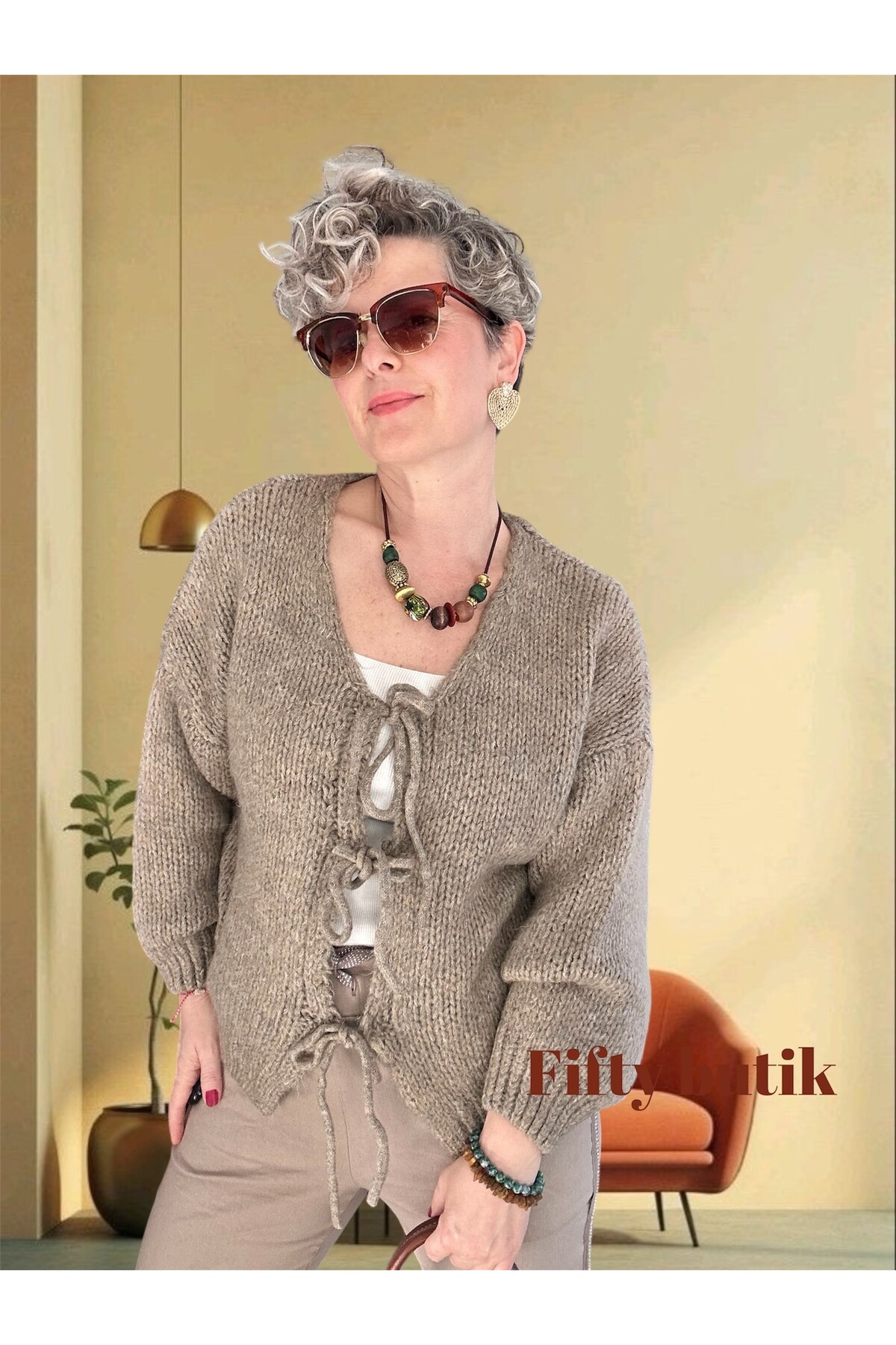 Blum Tasarım Bağcıklı Yün Hırka Vizon