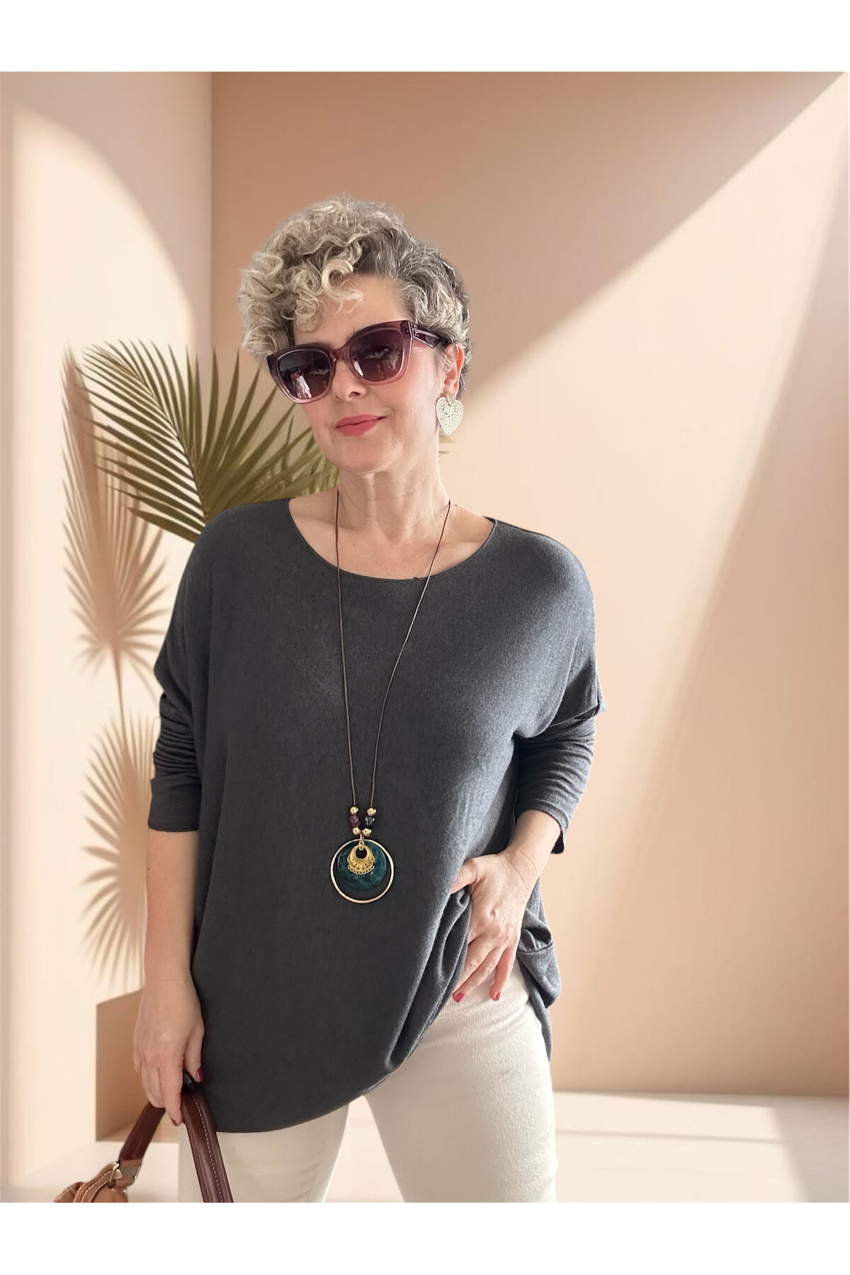 Botte İthal Kolyeli Salaş Triko Bluz Dark Grey