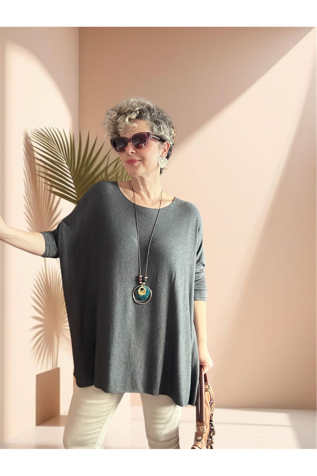 Botte İthal Kolyeli Salaş Triko Bluz Dark Grey