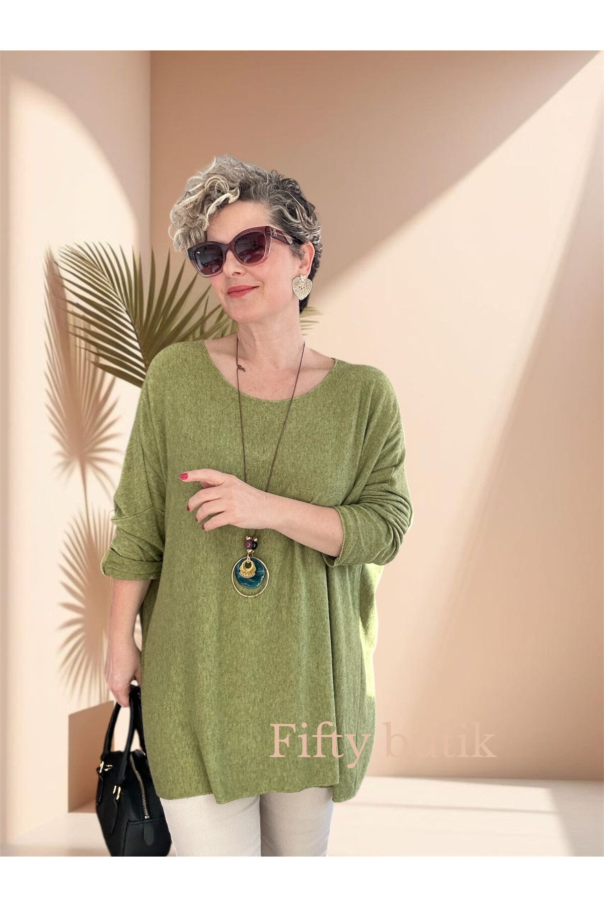 Botte İthal Kolyeli Salaş Triko Bluz Fıstık Yeşil