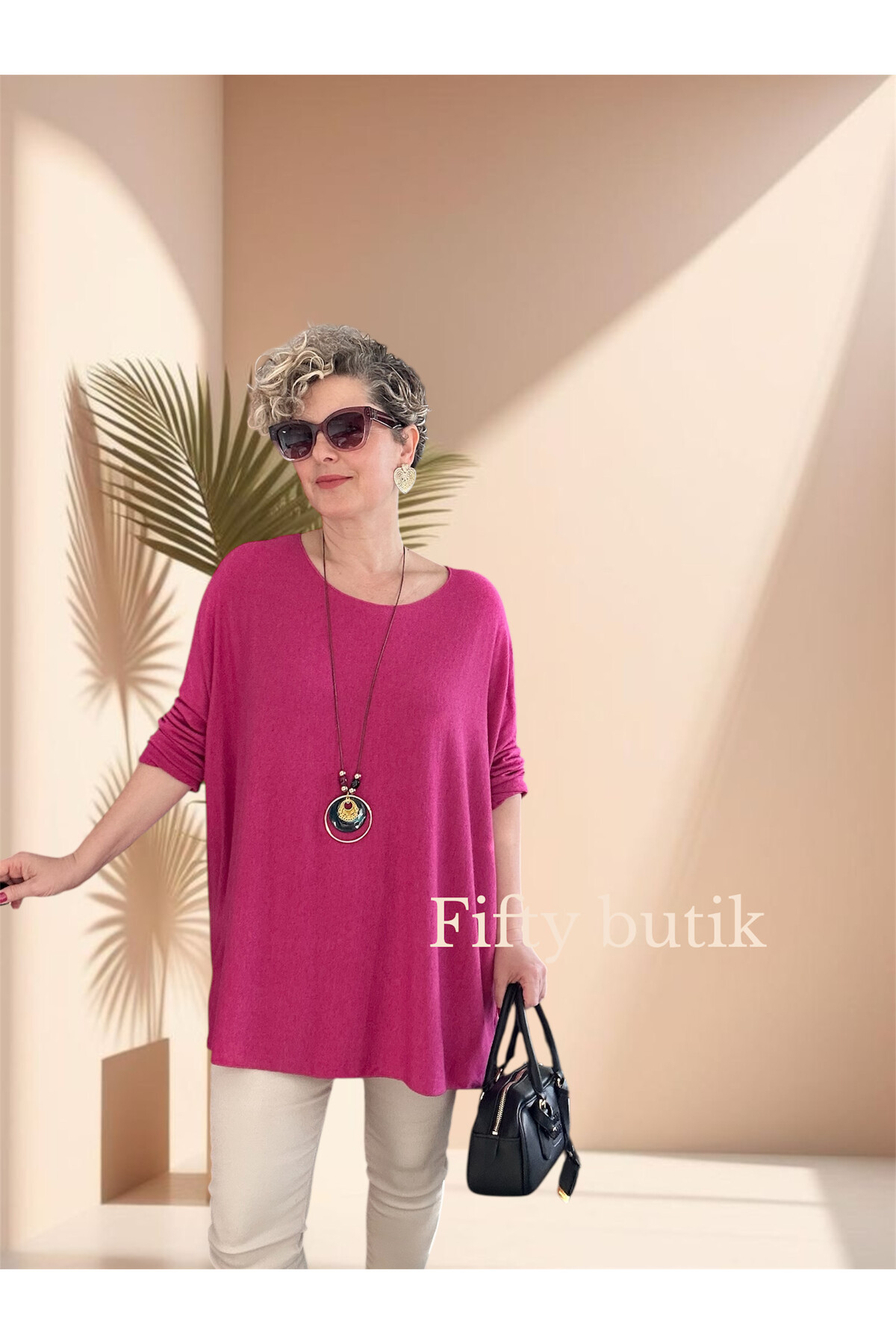 Botte İthal Kolyeli Salaş Triko Bluz Fuşya