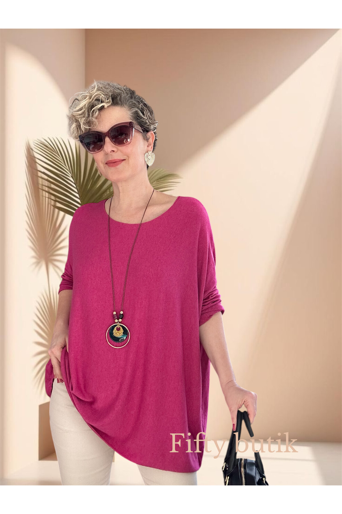 Botte İthal Kolyeli Salaş Triko Bluz Fuşya