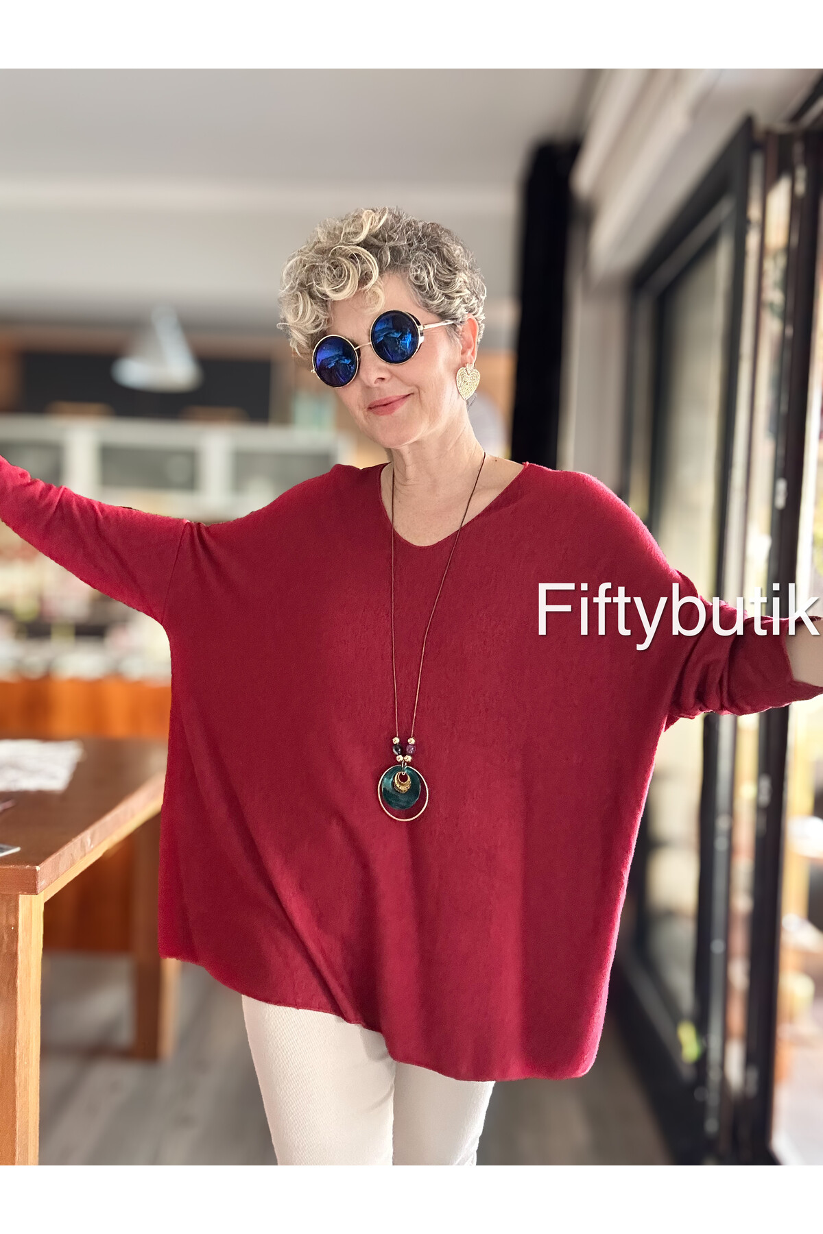 Botte İthal Kolyeli Salaş Triko Bluz İndian Red