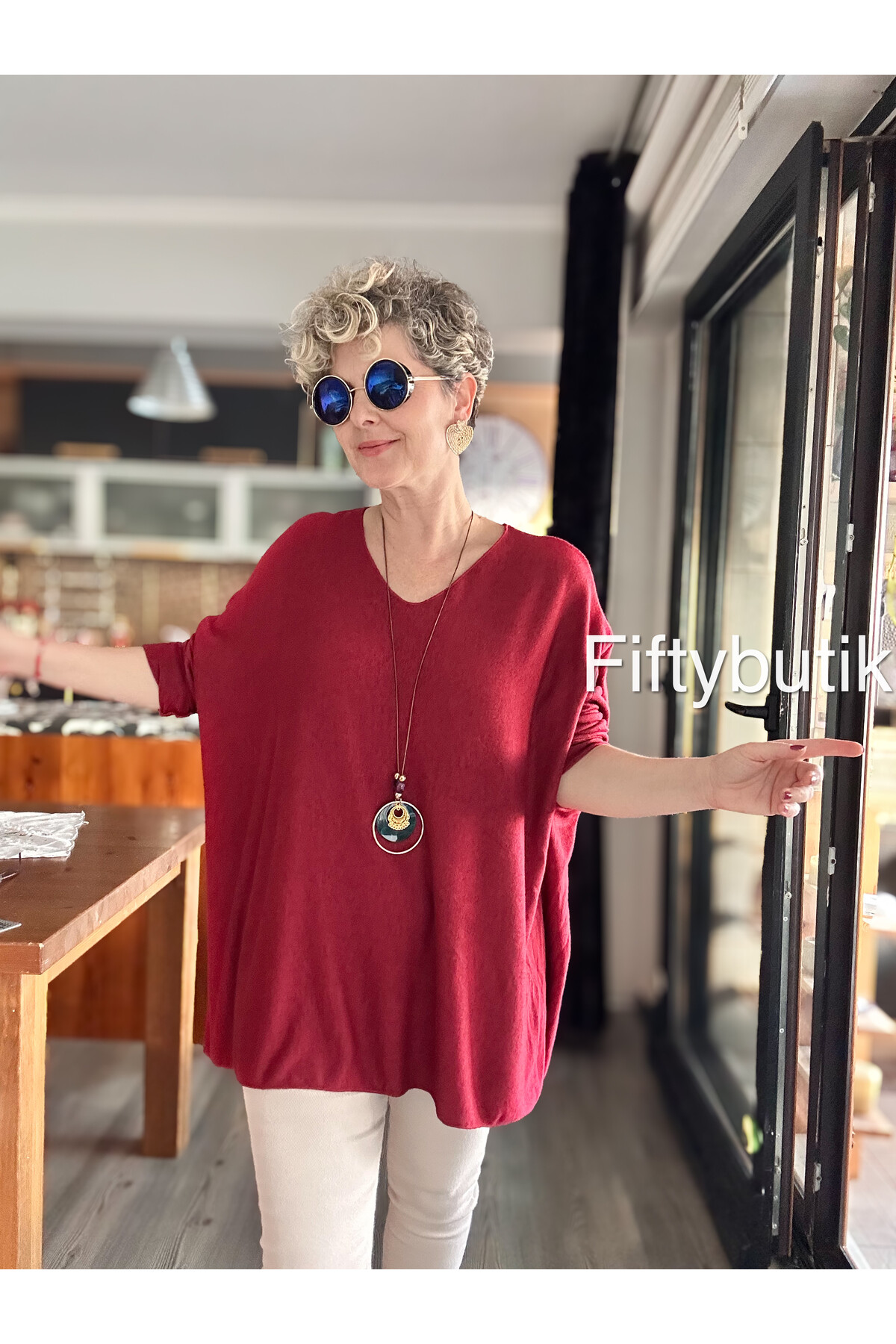 Botte İthal Kolyeli Salaş Triko Bluz İndian Red