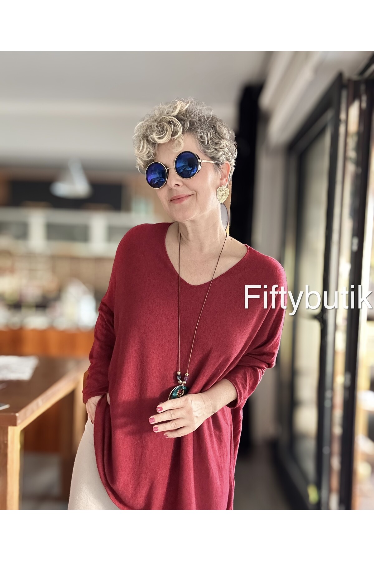 Botte İthal Kolyeli Salaş Triko Bluz İndian Red