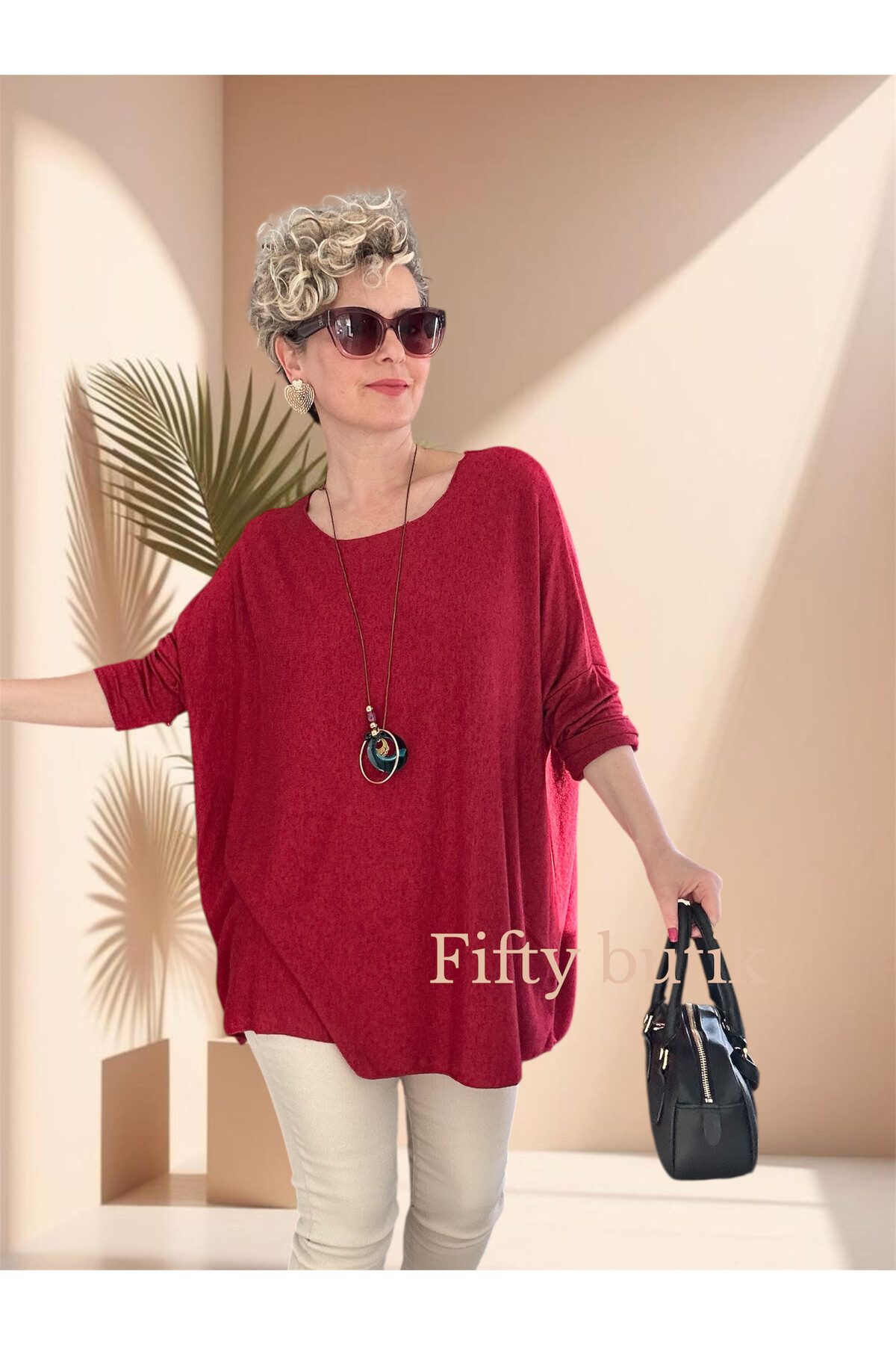 Botte İthal Kolyeli Salaş Triko Bluz İndian Red