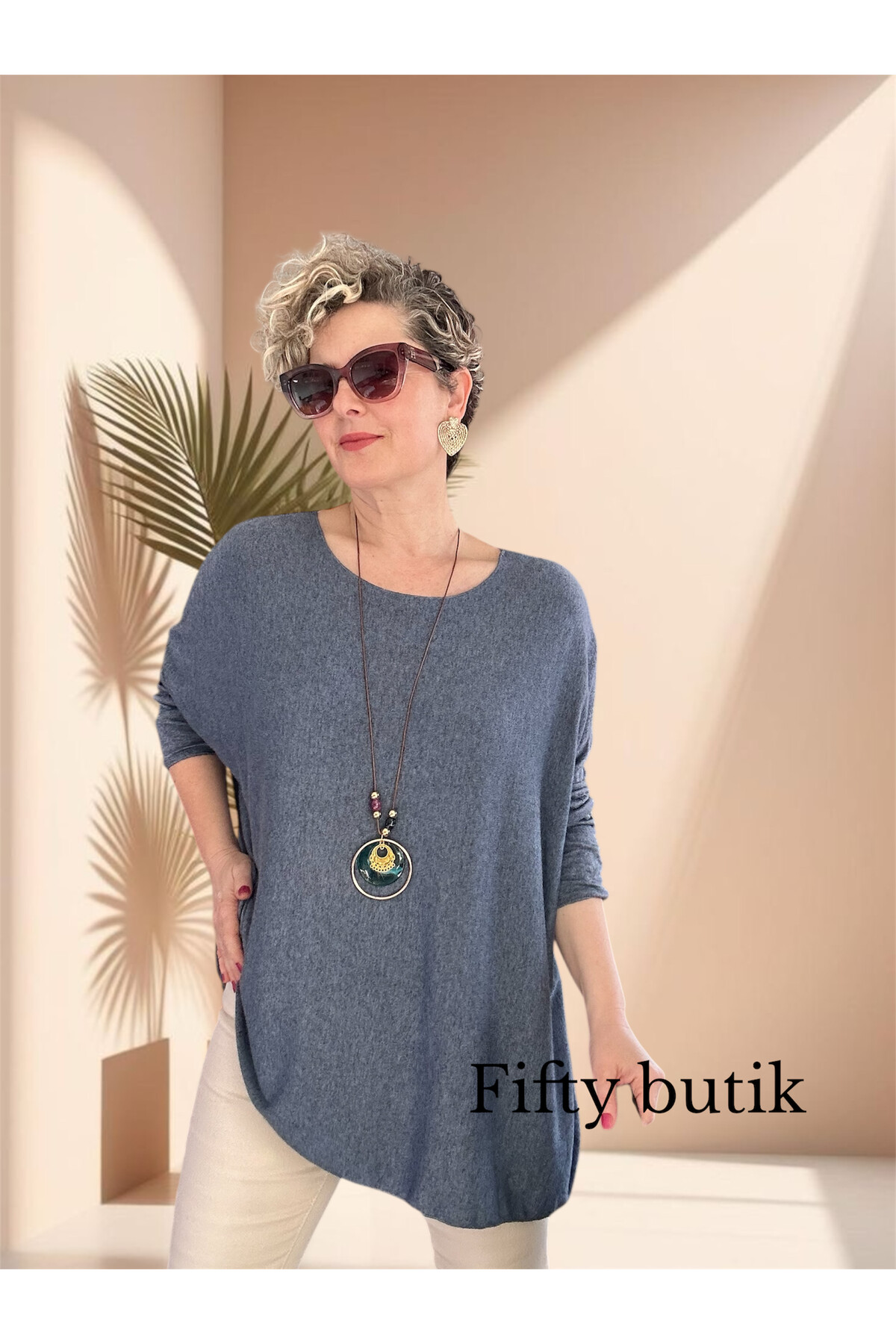 Botte İthal Kolyeli Salaş Triko Bluz İndigo Mavi