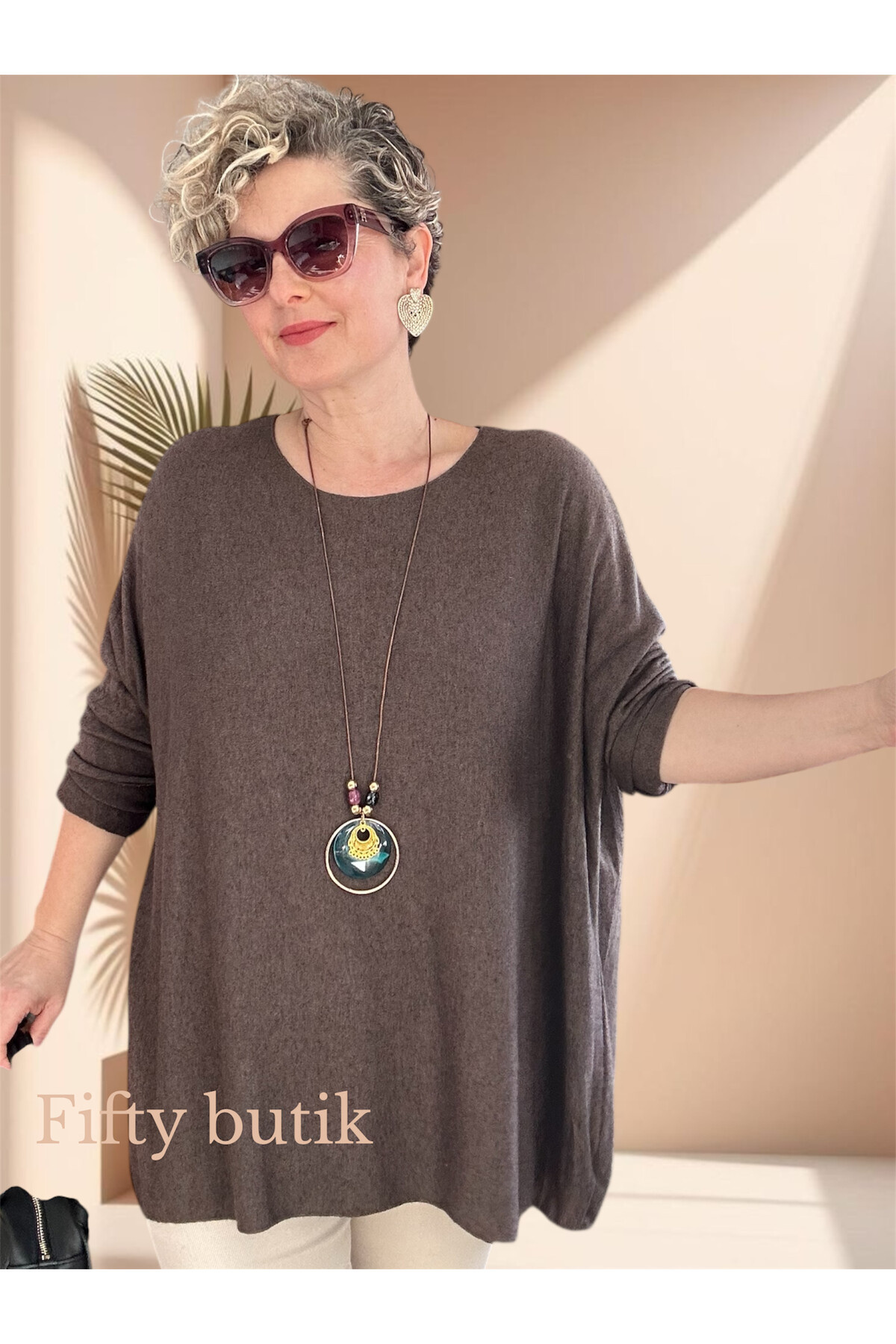 Botte İthal Kolyeli Salaş Triko Bluz Kahve