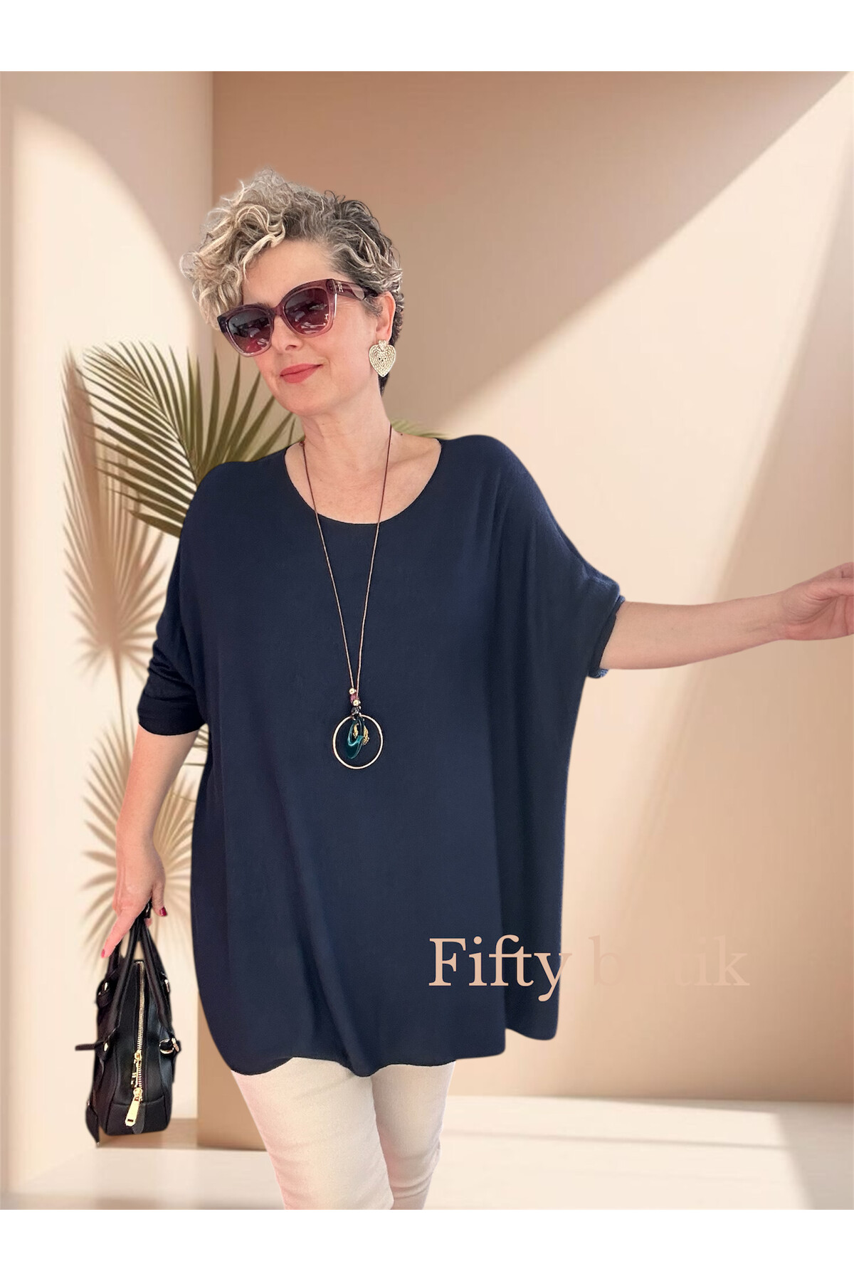 Botte İthal Kolyeli Salaş Triko Bluz Lacivert