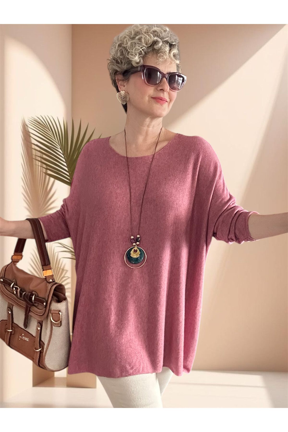 Botte İthal Kolyeli Salaş Triko Bluz Pudra