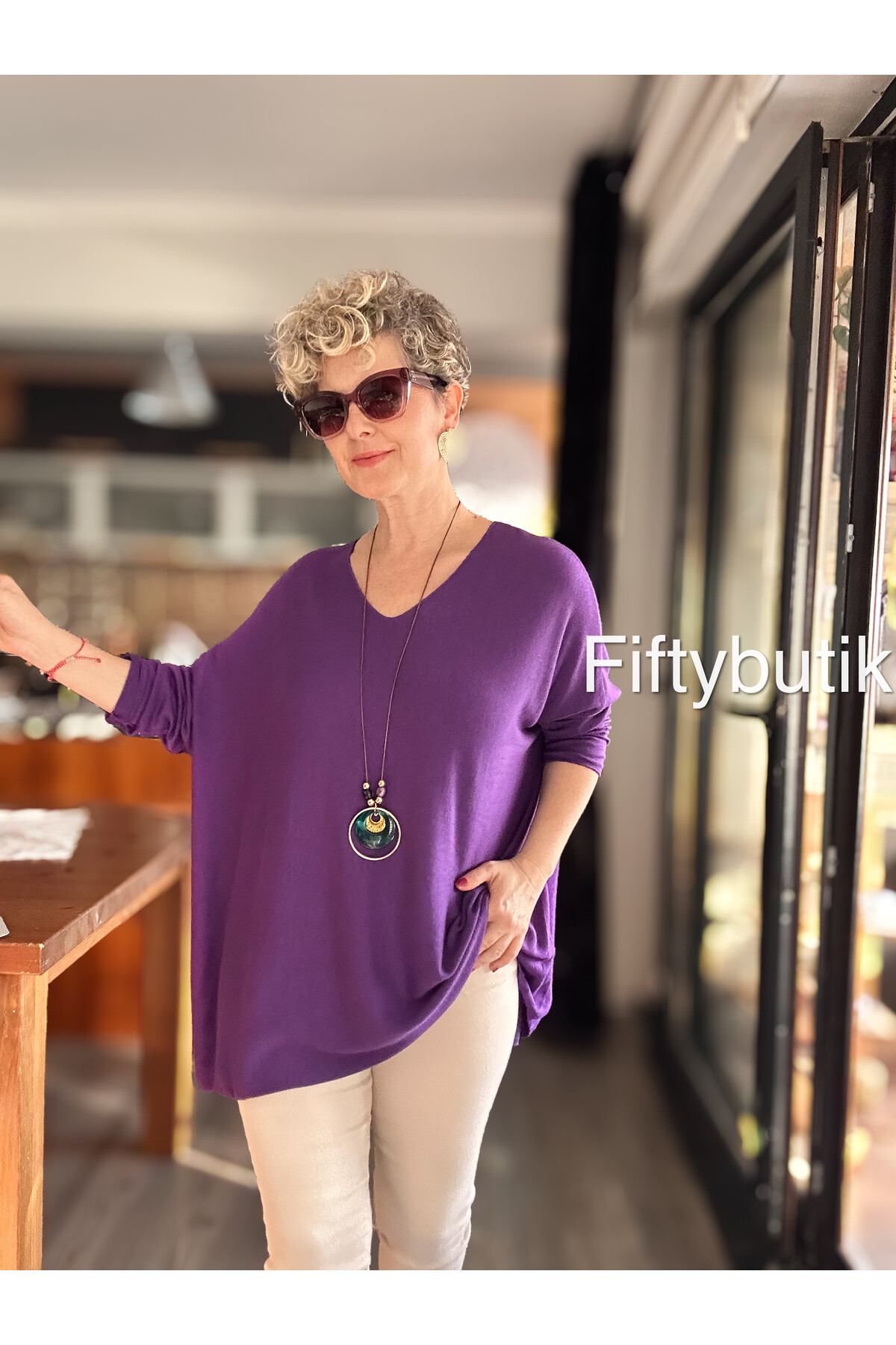 Botte İthal Kolyeli Salaş Triko Bluz Purple