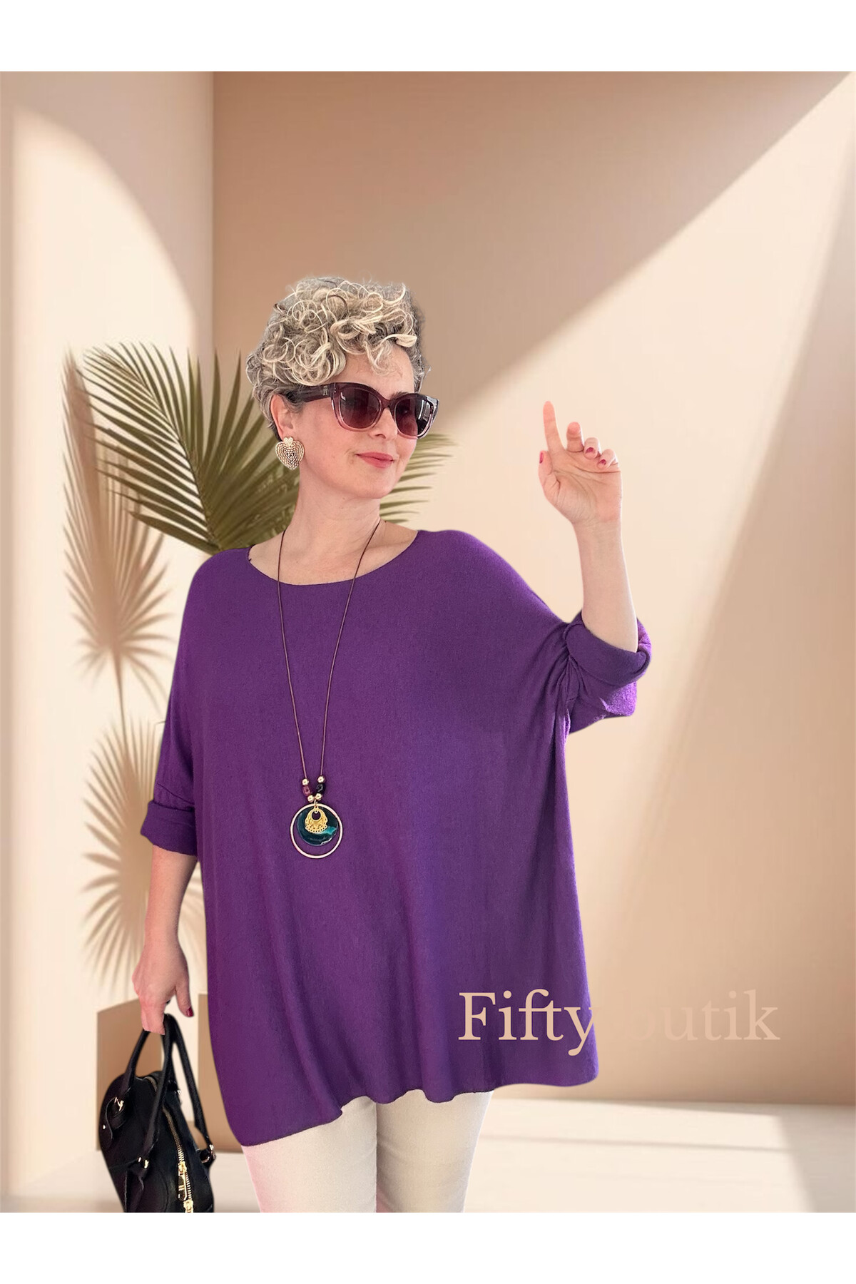 Botte İthal Kolyeli Salaş Triko Bluz Purple