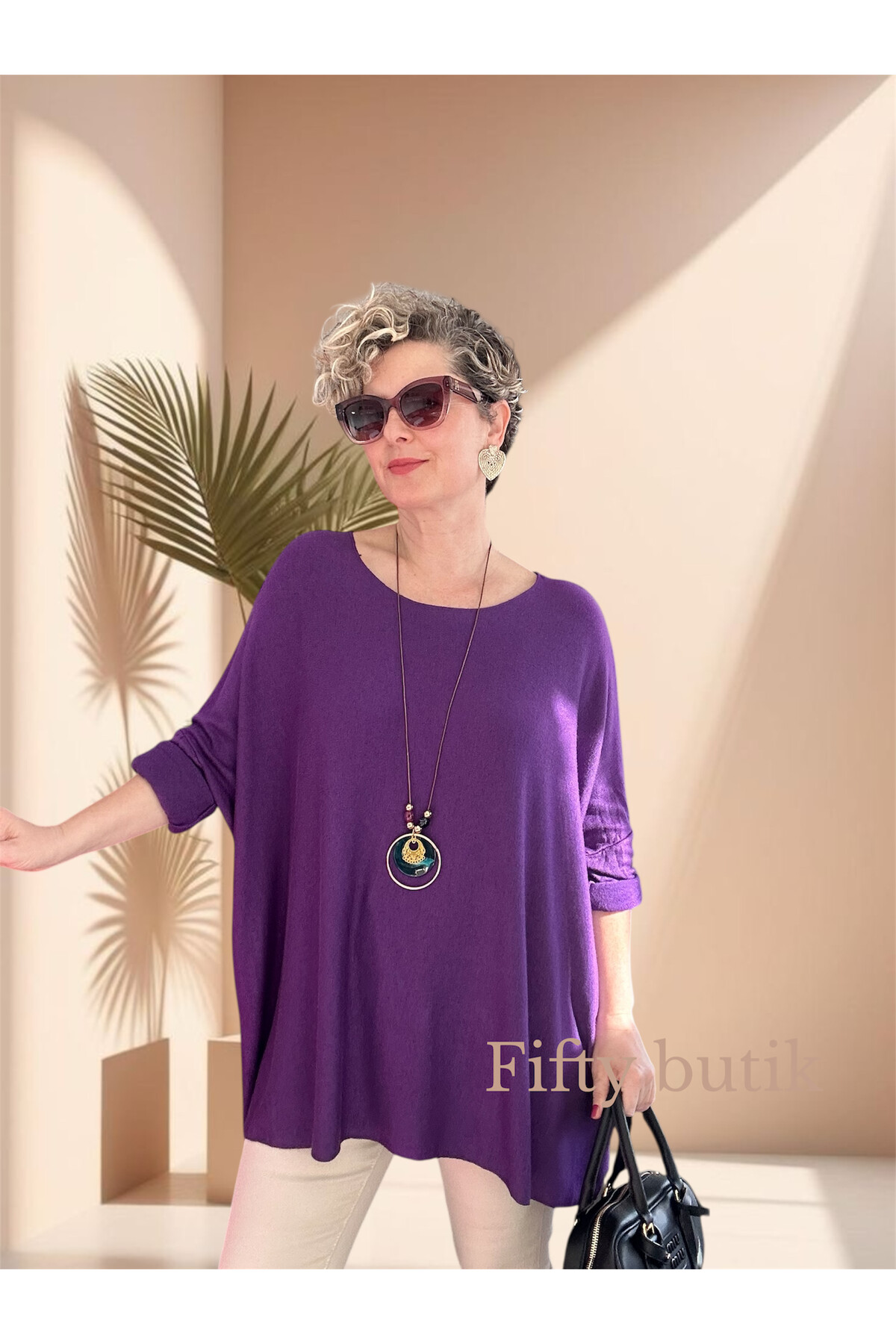 Botte İthal Kolyeli Salaş Triko Bluz Purple